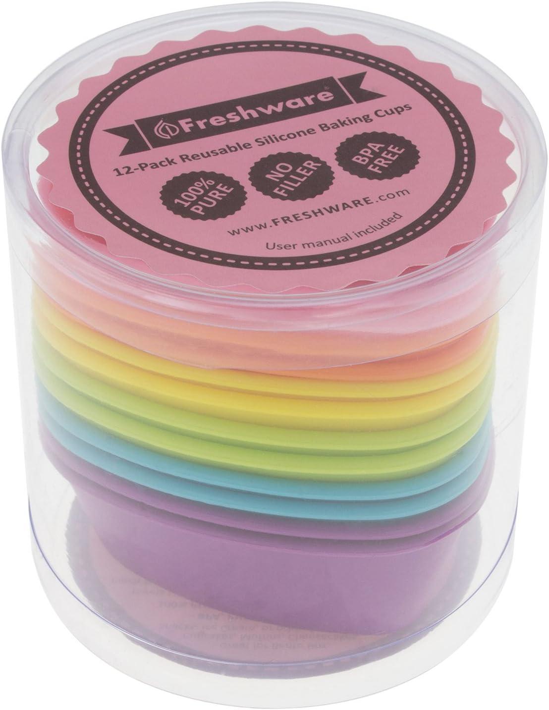 imageFreshware 12Pack Silicone Jumbo Round Reusable Cupcake and Muffin Baking Cup Six Vibrant ColorsHeart 12Pack