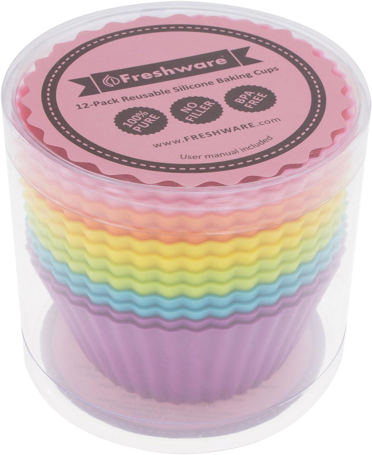 imageFreshware 12Pack Silicone Jumbo Round Reusable Cupcake and Muffin Baking Cup Six Vibrant ColorsLarge Round 12Pack