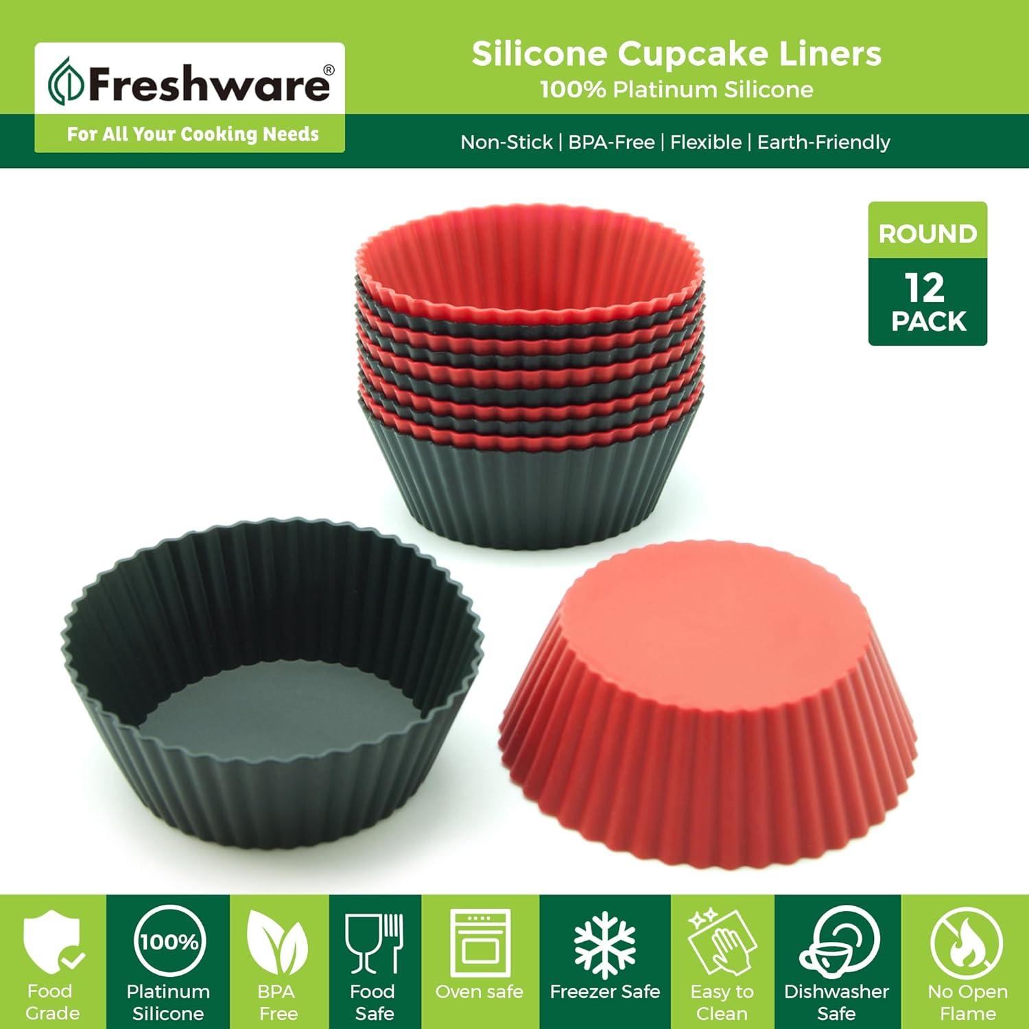 imageFreshware 12Pack Silicone Jumbo Round Reusable Cupcake and Muffin Baking Cup Six Vibrant ColorsRed Black Large Round 12Pack