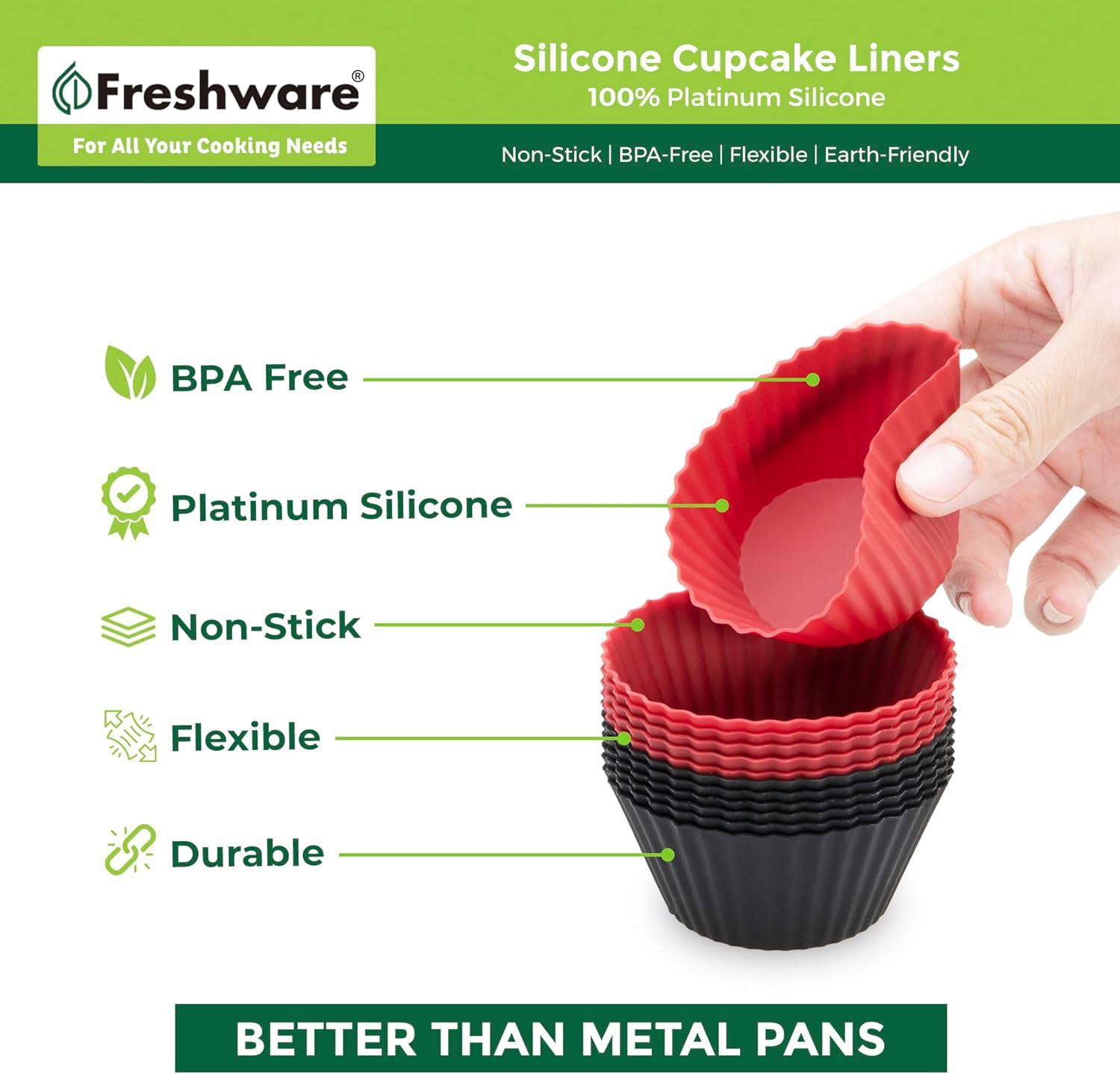 imageFreshware 12Pack Silicone Jumbo Round Reusable Cupcake and Muffin Baking Cup Six Vibrant ColorsRed Black Round 12Pack