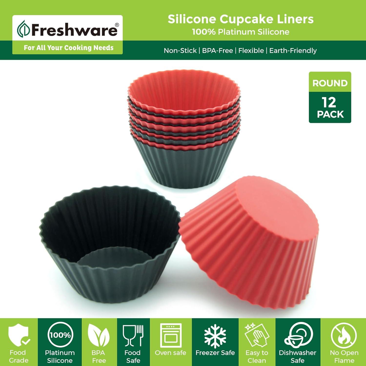 imageFreshware 12Pack Silicone Jumbo Round Reusable Cupcake and Muffin Baking Cup Six Vibrant ColorsRed Black Round 12Pack