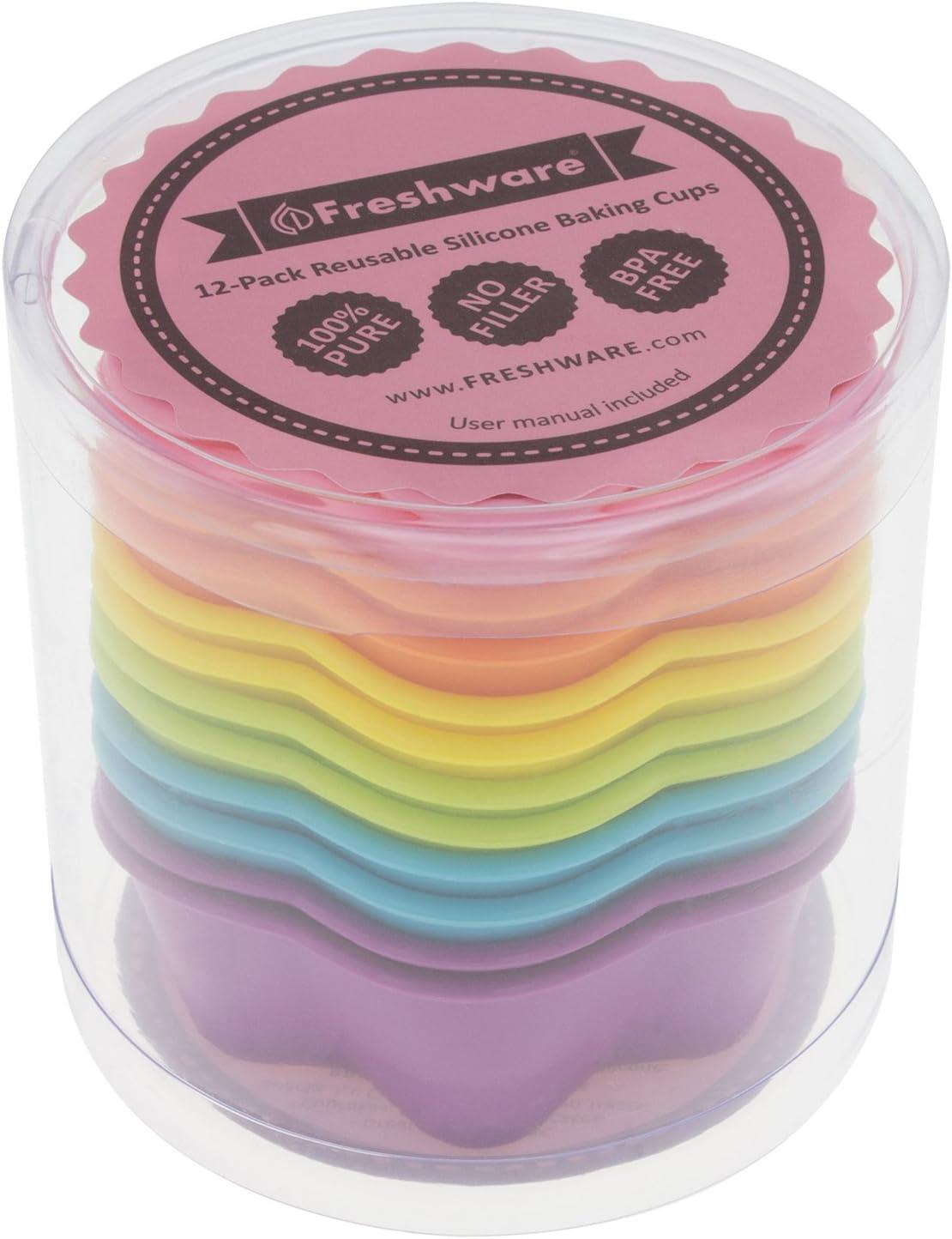 imageFreshware 12Pack Silicone Jumbo Round Reusable Cupcake and Muffin Baking Cup Six Vibrant ColorsStar 12Pack