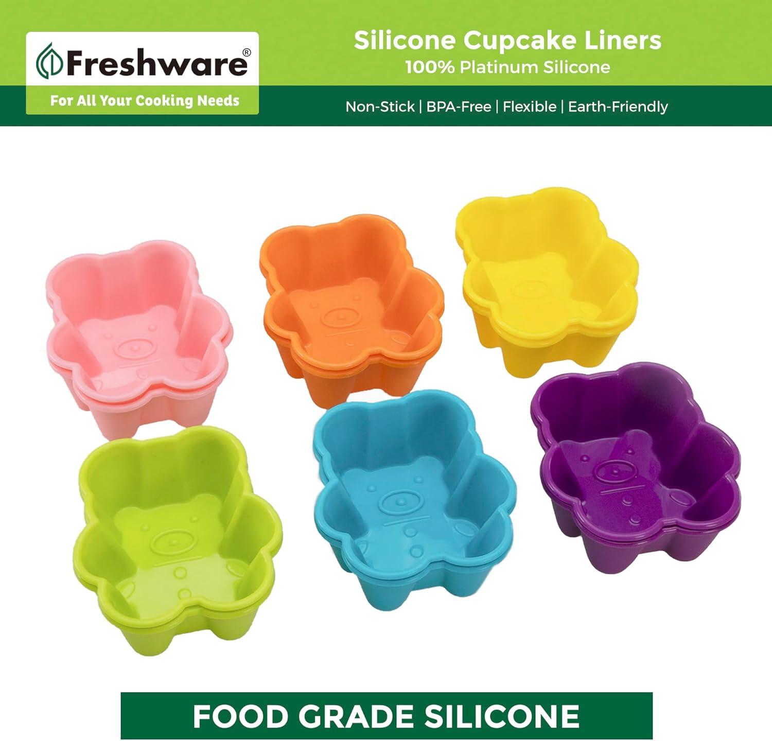 imageFreshware 12Pack Silicone Standard Round Reusable Cupcake and Muffin Baking Cup Six Vibrant ColorsRainbow Bear 12Pack