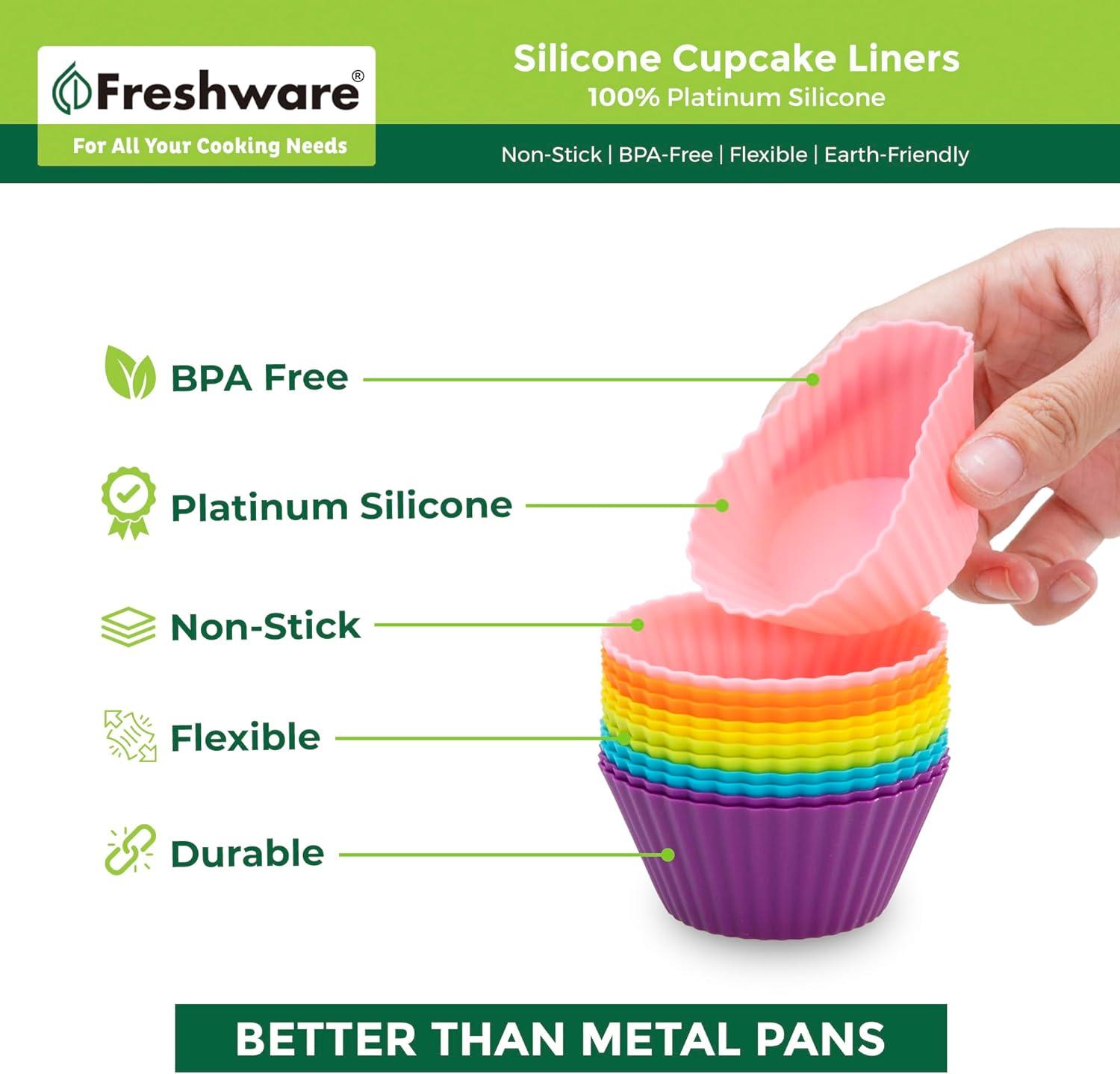 imageFreshware 12Pack Silicone Standard Round Reusable Cupcake and Muffin Baking Cup Six Vibrant ColorsRainbow Round 48Pack
