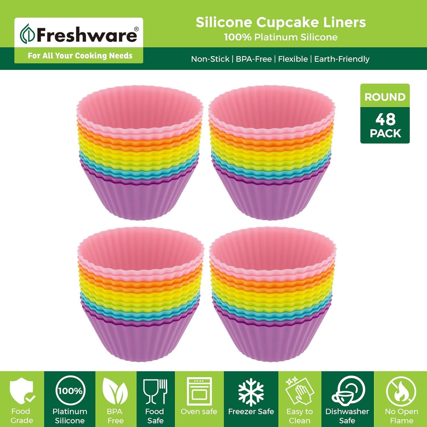 imageFreshware 12Pack Silicone Standard Round Reusable Cupcake and Muffin Baking Cup Six Vibrant ColorsRainbow Round 48Pack