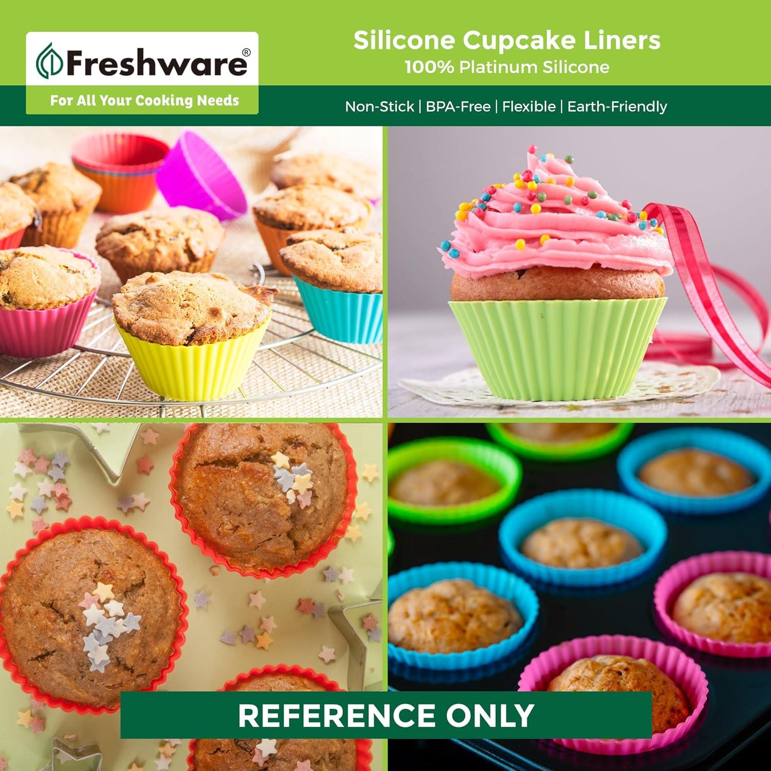 imageFreshware 12Pack Silicone Standard Round Reusable Cupcake and Muffin Baking Cup Six Vibrant ColorsRainbow Round 48Pack