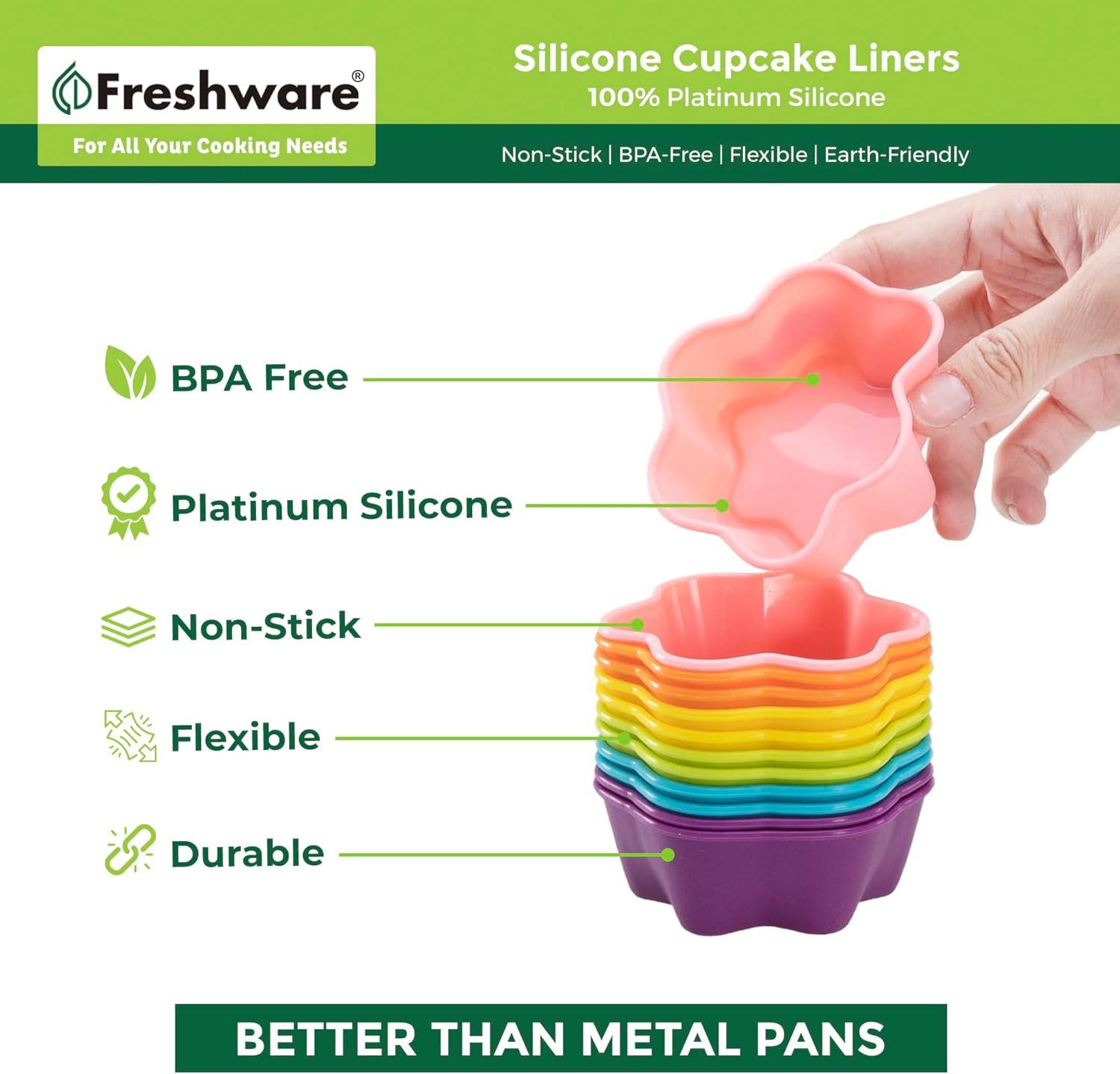 imageFreshware 12Pack Silicone Standard Round Reusable Cupcake and Muffin Baking Cup Six Vibrant ColorsRainbow Star 12Pack