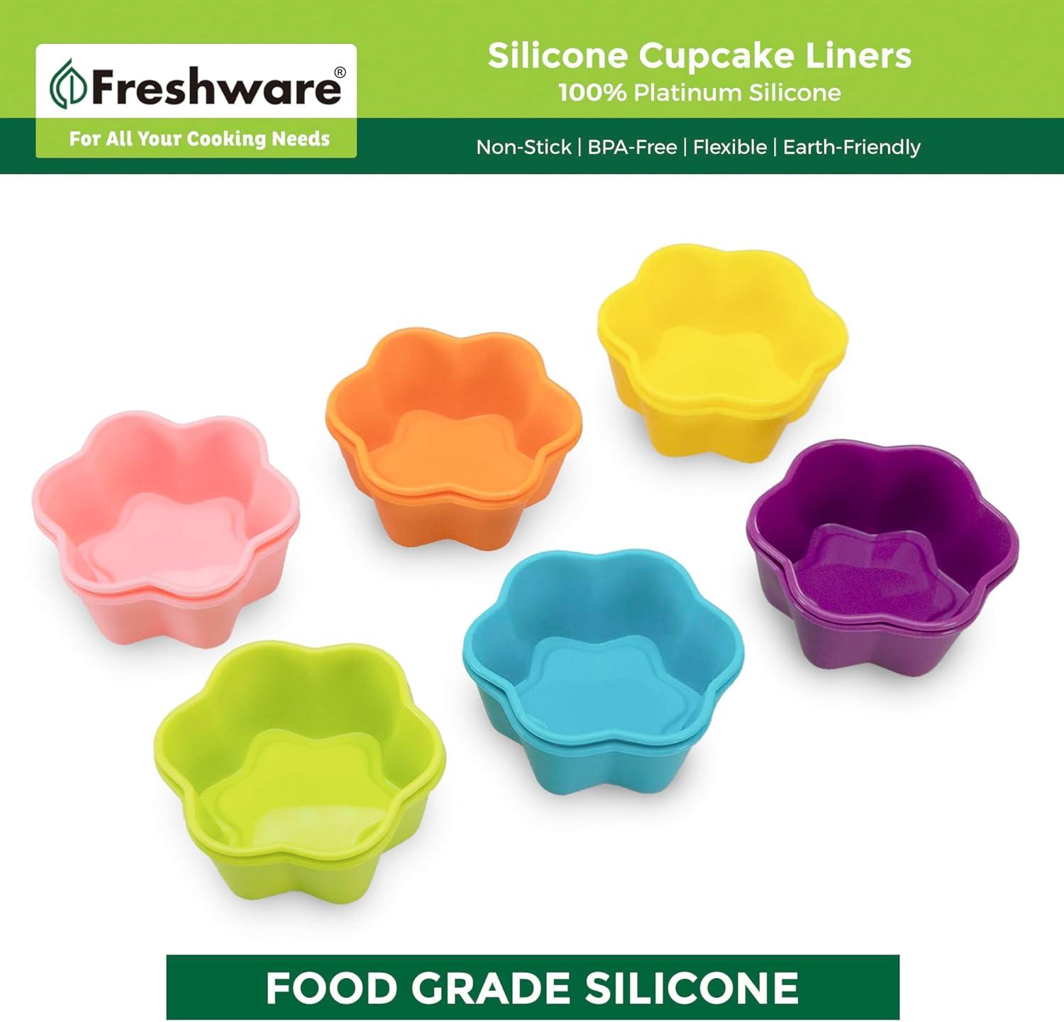 imageFreshware 12Pack Silicone Standard Round Reusable Cupcake and Muffin Baking Cup Six Vibrant ColorsRainbow Star 12Pack