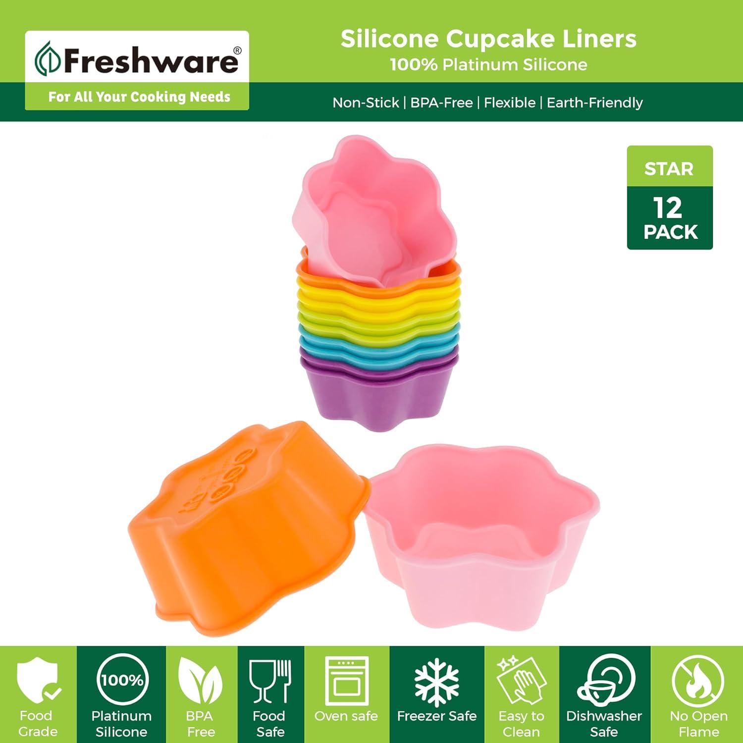 imageFreshware 12Pack Silicone Standard Round Reusable Cupcake and Muffin Baking Cup Six Vibrant ColorsRainbow Star 12Pack