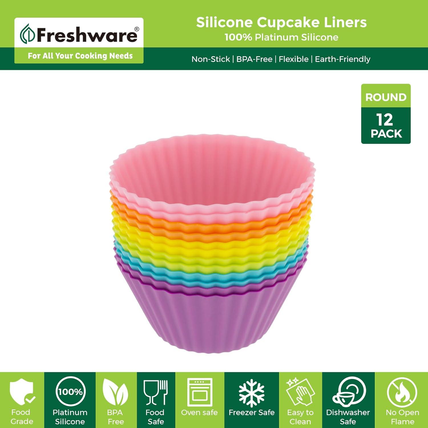 imageFreshware 12Pack Silicone Standard Round Reusable Cupcake and Muffin Baking Cup Six Vibrant ColorsStandard Round 12Pack