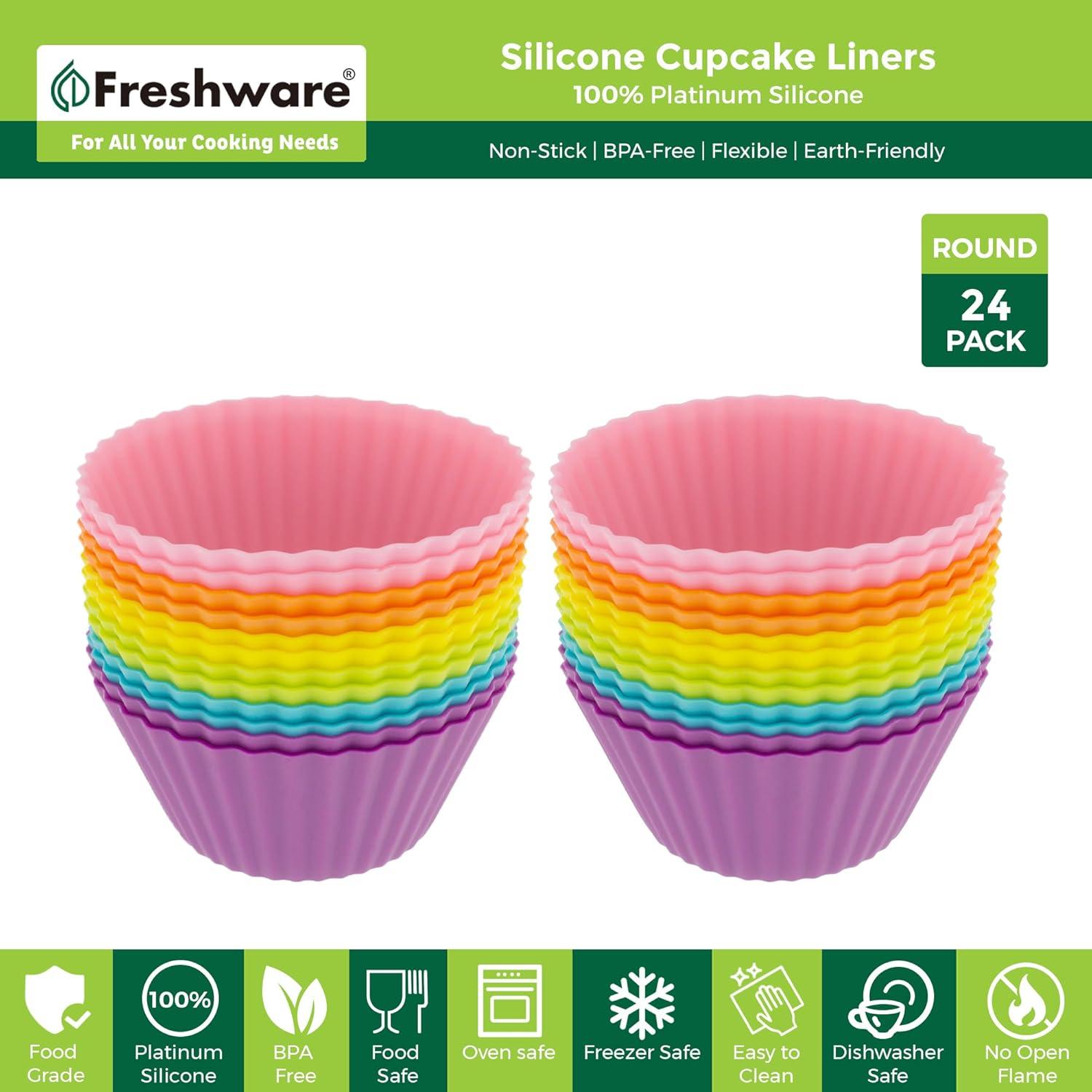 imageFreshware 12Pack Silicone Standard Round Reusable Cupcake and Muffin Baking Cup Six Vibrant ColorsStandard Round 24Pack