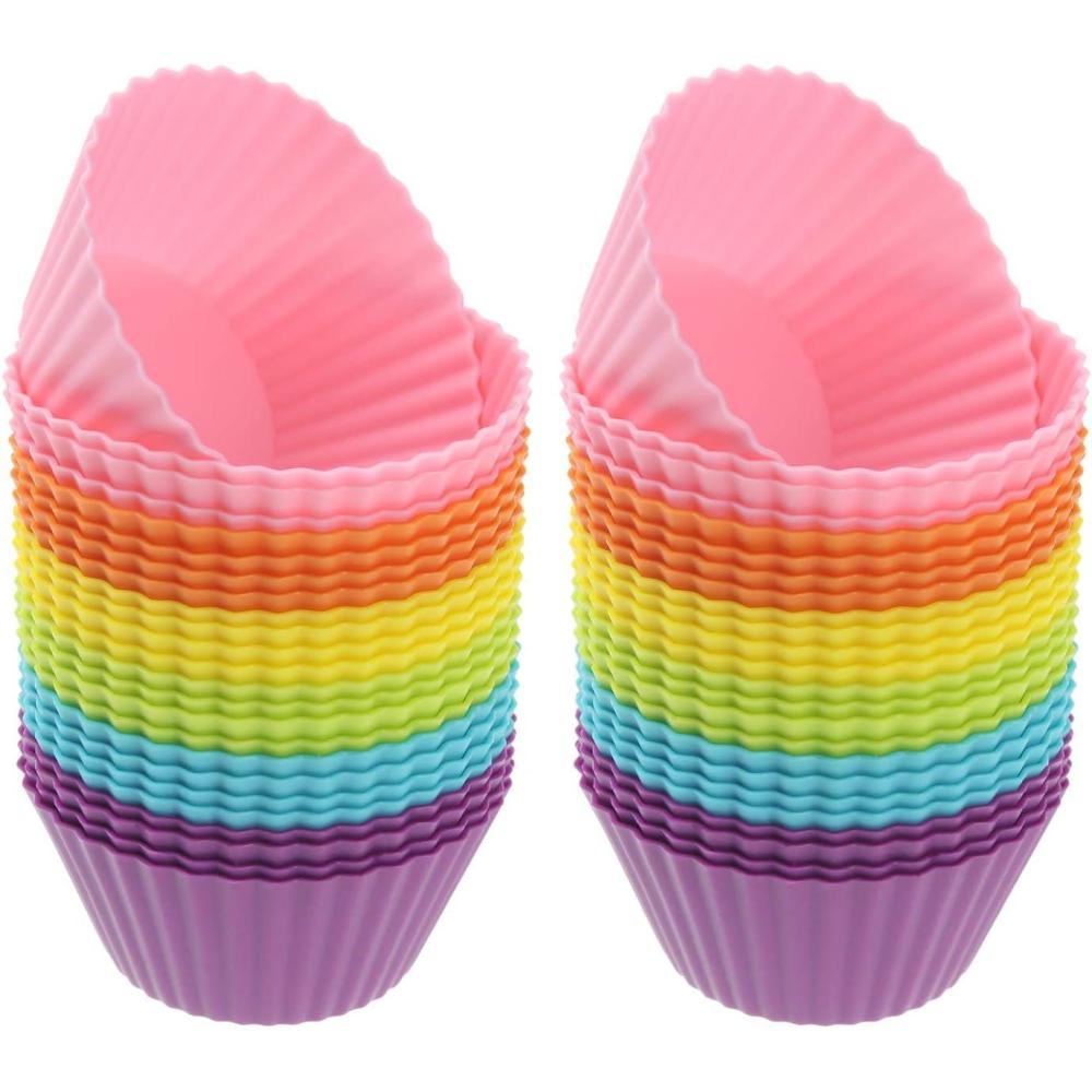 imageFreshware 12Pack Silicone Standard Round Reusable Cupcake and Muffin Baking Cup Six Vibrant ColorsRainbow Round 48Pack