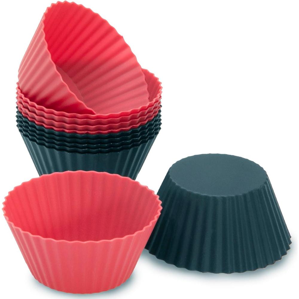 imageFreshware 12Pack Silicone Standard Round Reusable Cupcake and Muffin Baking Cup Six Vibrant ColorsRed  Black Round 12Pack