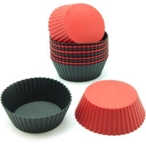 Freshware 12-Pack Silicone Jumbo Round Reusable Cupcake and Muffin Baking Cup, Six Vibrant Colors(Red & Black Large Round [12-Pack])