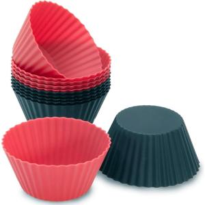 Freshware 12-Pack Silicone Jumbo Round Reusable Cupcake and Muffin Baking Cup, Six Vibrant Colors(Red & Black Round [12-Pack])