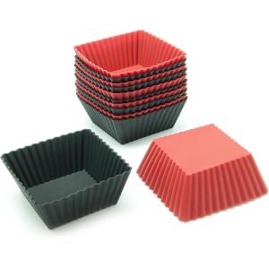 Freshware 12-Pack Silicone Jumbo Round Reusable Cupcake and Muffin Baking Cup, Six Vibrant Colors(Red & Black Square [12-Pack])