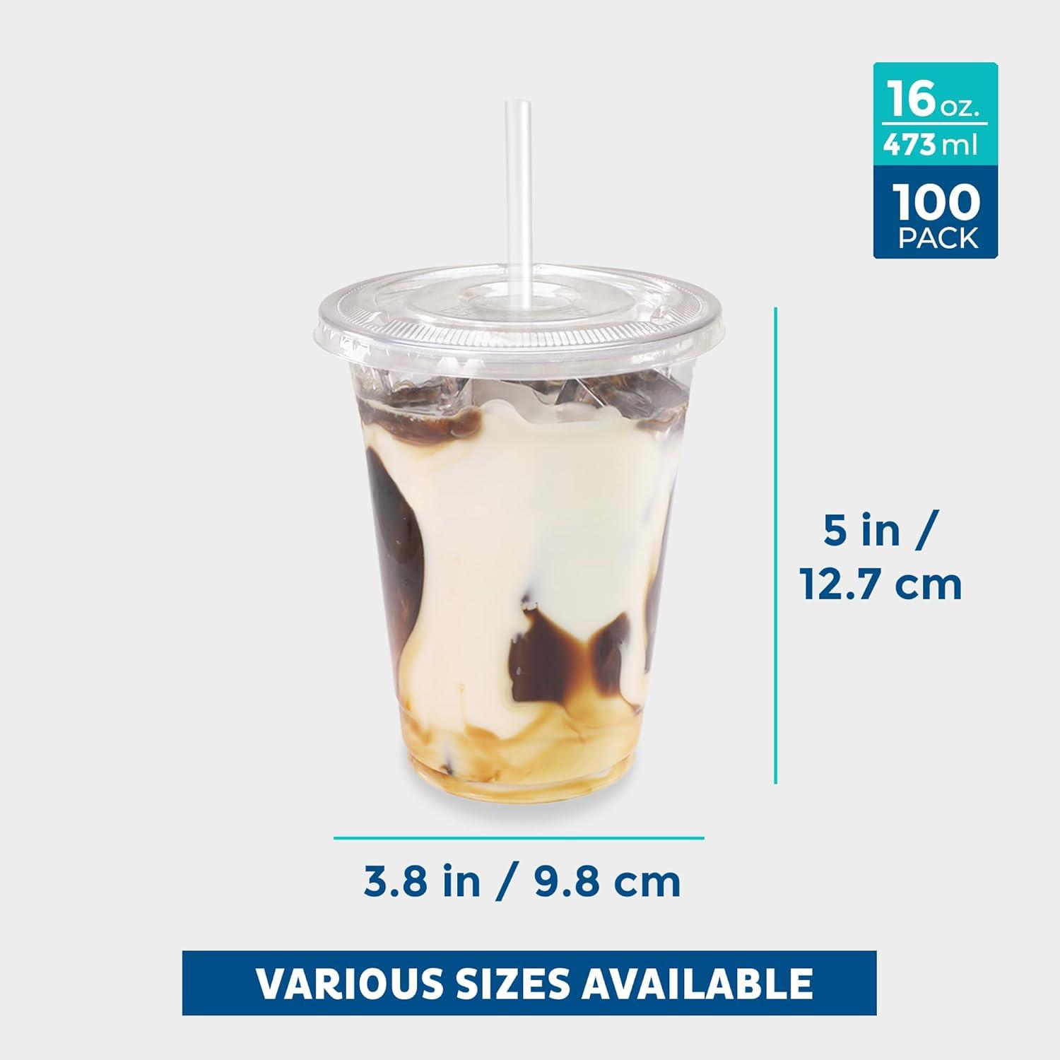 imageFreshware 12 oz Clear Disposable Plastic Cups with Flat Lids and Straws 100 Pack Clear Plastic Cups Tumblers Heavyduty Party Glasses Disposable Cups for Thanksgiving Halloween Christmas Party16 oz 100PK