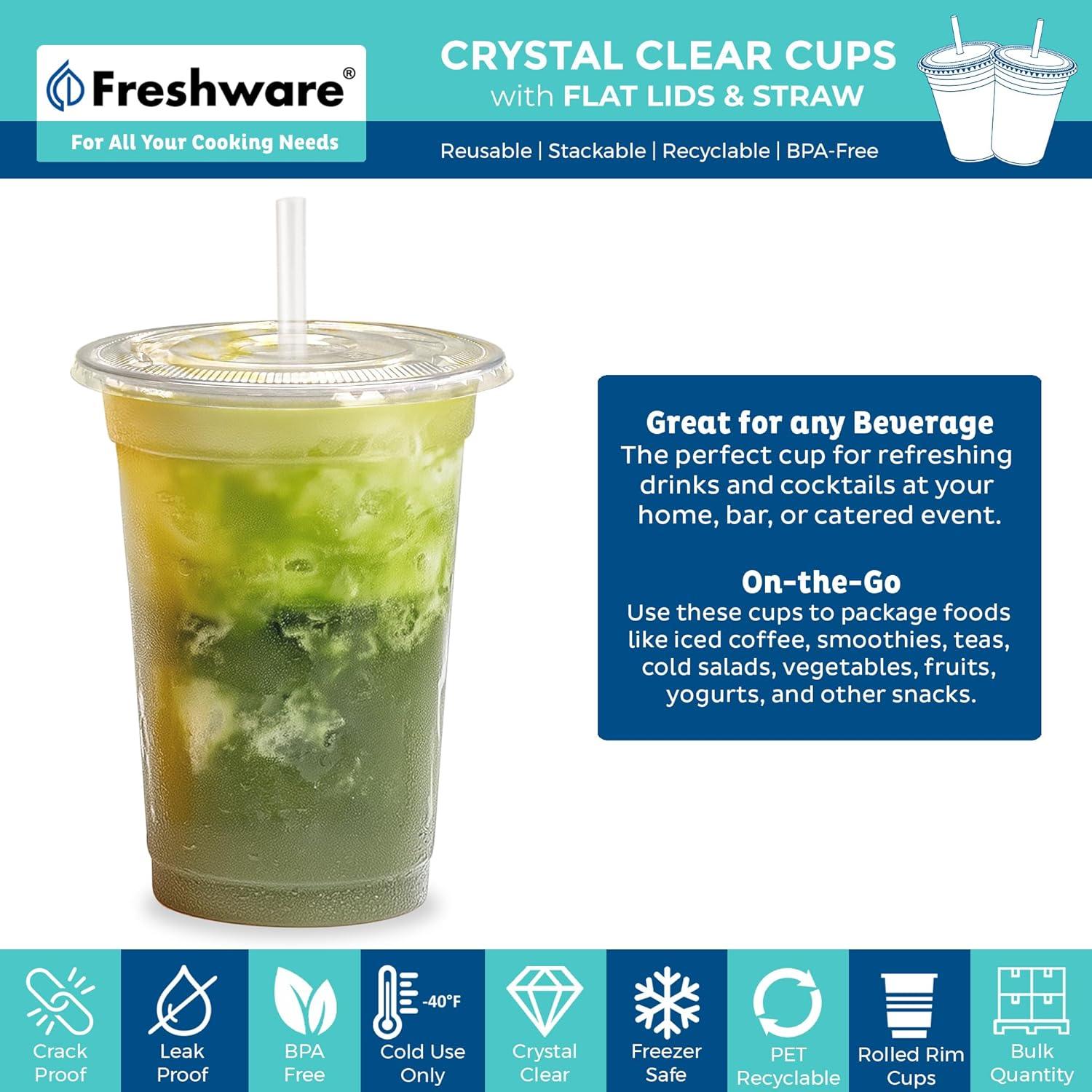 imageFreshware 12 oz Clear Disposable Plastic Cups with Flat Lids and Straws 100 Pack Clear Plastic Cups Tumblers Heavyduty Party Glasses Disposable Cups for Thanksgiving Halloween Christmas Party16 oz 100PK