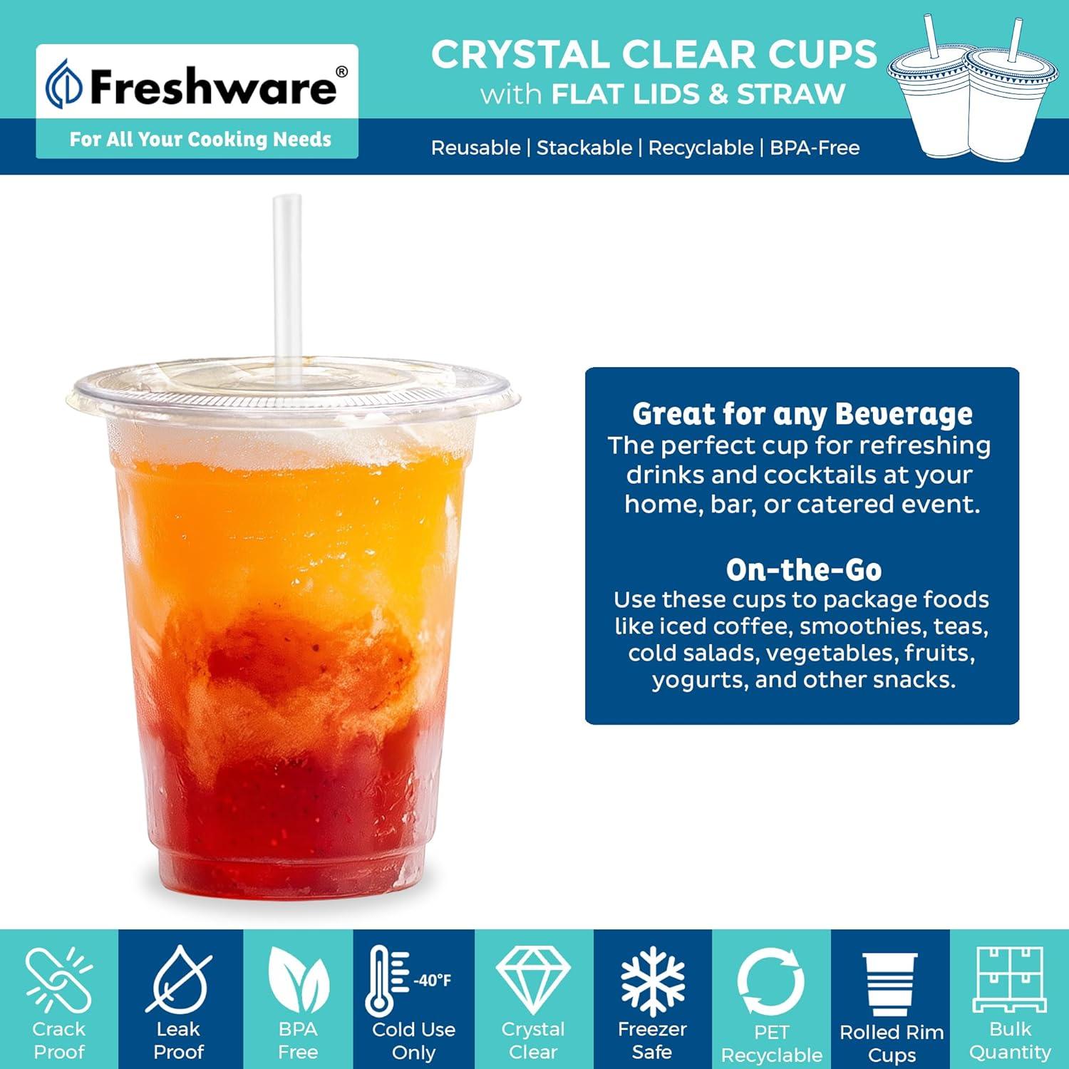 imageFreshware 12 oz Clear Disposable Plastic Cups with Flat Lids and Straws 100 Pack Clear Plastic Cups Tumblers Heavyduty Party Glasses Disposable Cups for Thanksgiving Halloween Christmas Party12 oz 100PK