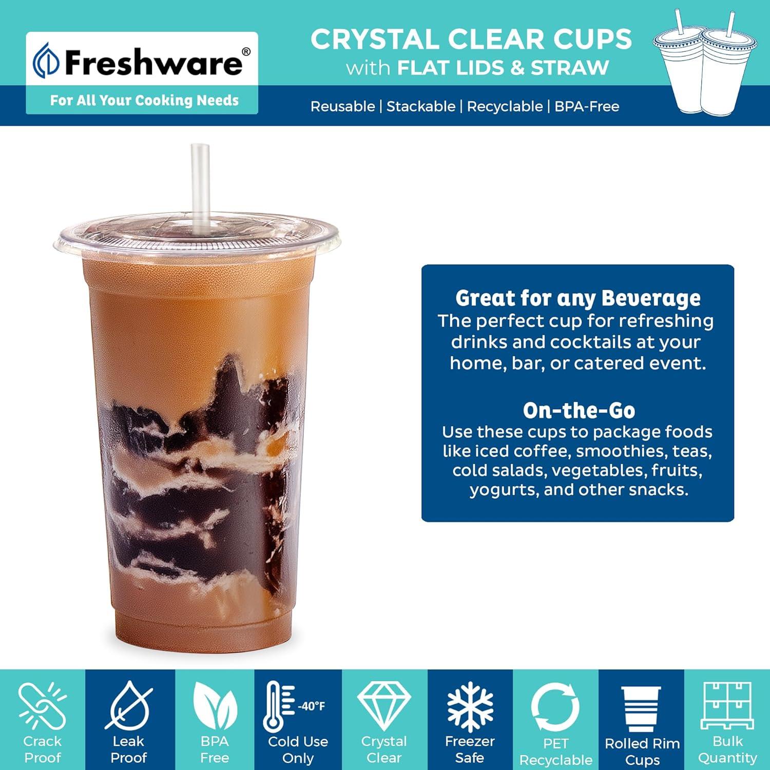 imageFreshware 12 oz Clear Disposable Plastic Cups with Flat Lids and Straws 100 Pack Clear Plastic Cups Tumblers Heavyduty Party Glasses Disposable Cups for Thanksgiving Halloween Christmas Party20 oz 100PK