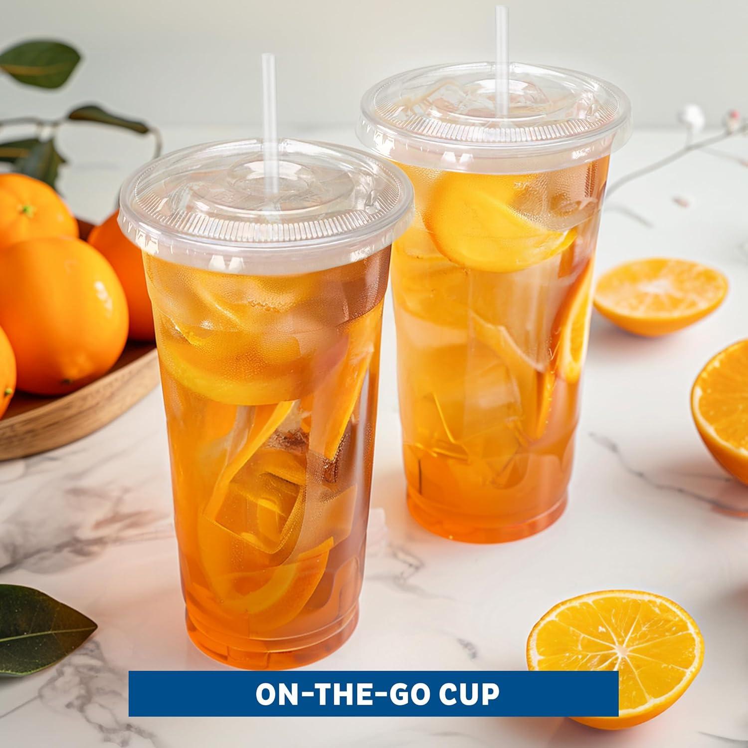 imageFreshware 24 oz Clear Disposable Plastic Cups with Flat Lids and Straws 100 Pack Clear Plastic Cups Tumblers Heavyduty Party Glasses Disposable Cups for Thanksgiving Halloween Christmas Party