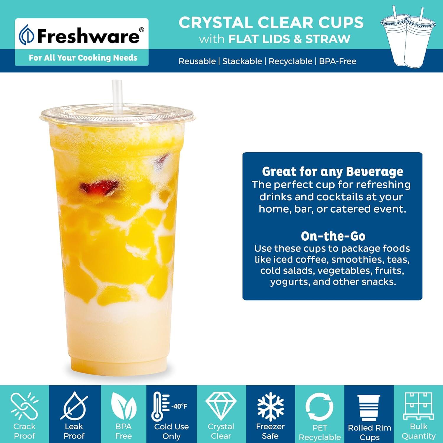 imageFreshware 24 oz Clear Disposable Plastic Cups with Flat Lids and Straws 100 Pack Clear Plastic Cups Tumblers Heavyduty Party Glasses Disposable Cups for Thanksgiving Halloween Christmas Party