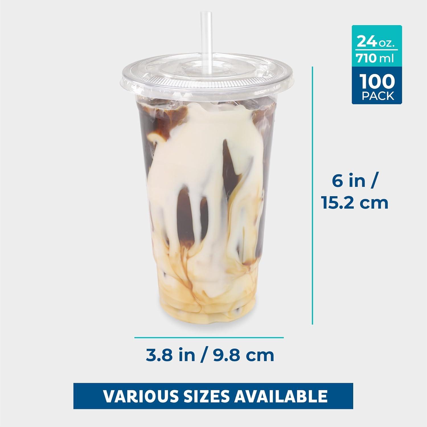 imageFreshware 24 oz Clear Disposable Plastic Cups with Flat Lids and Straws 100 Pack Clear Plastic Cups Tumblers Heavyduty Party Glasses Disposable Cups for Thanksgiving Halloween Christmas Party