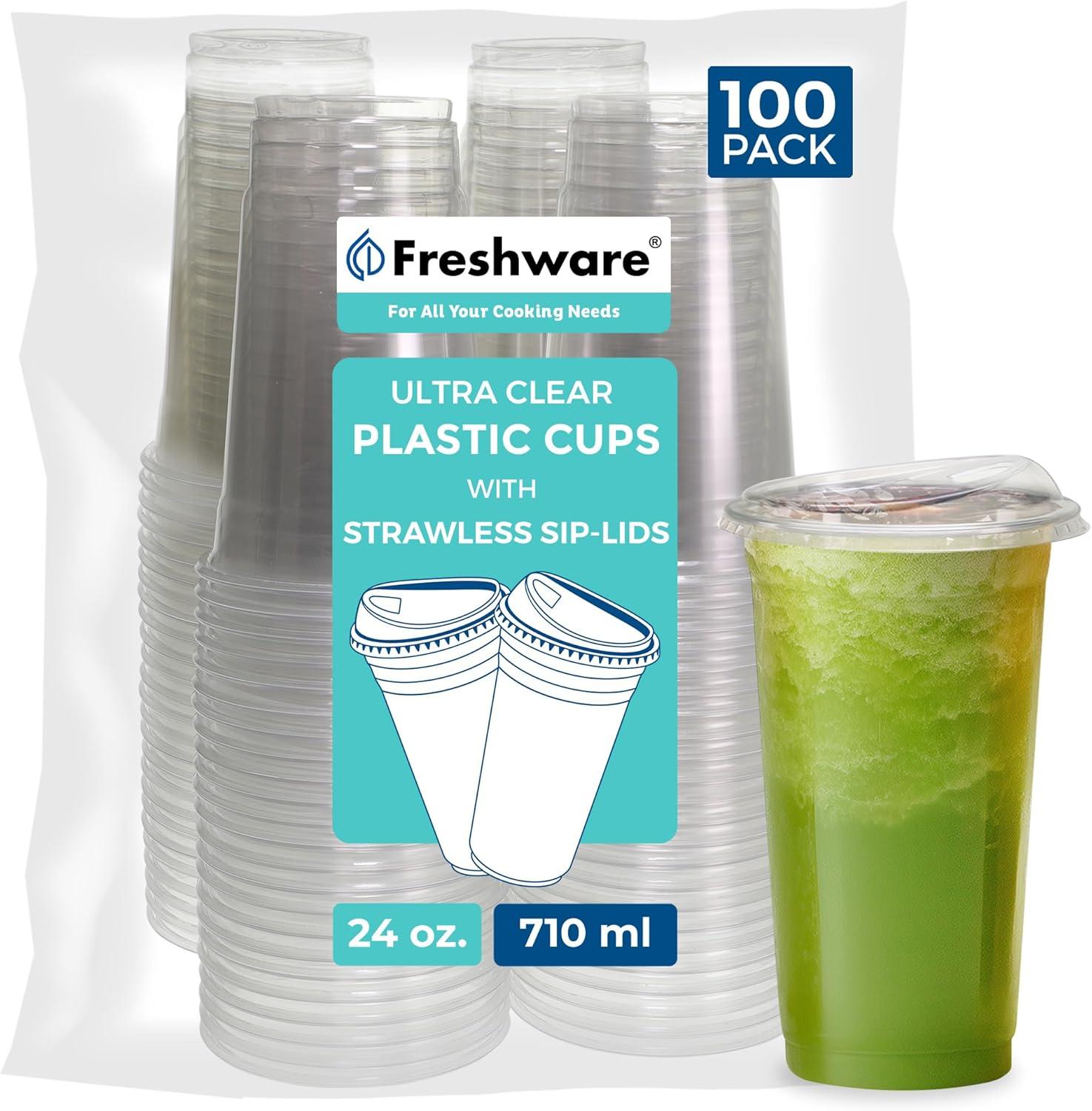 imageFreshware 24 oz Clear Disposable Plastic Cups with Strawless Sip Lids 100 Pack Clear Plastic Tumblers Heavyduty Party Glasses Disposable Cups for Thanksgiving Halloween Christmas PartyClear
