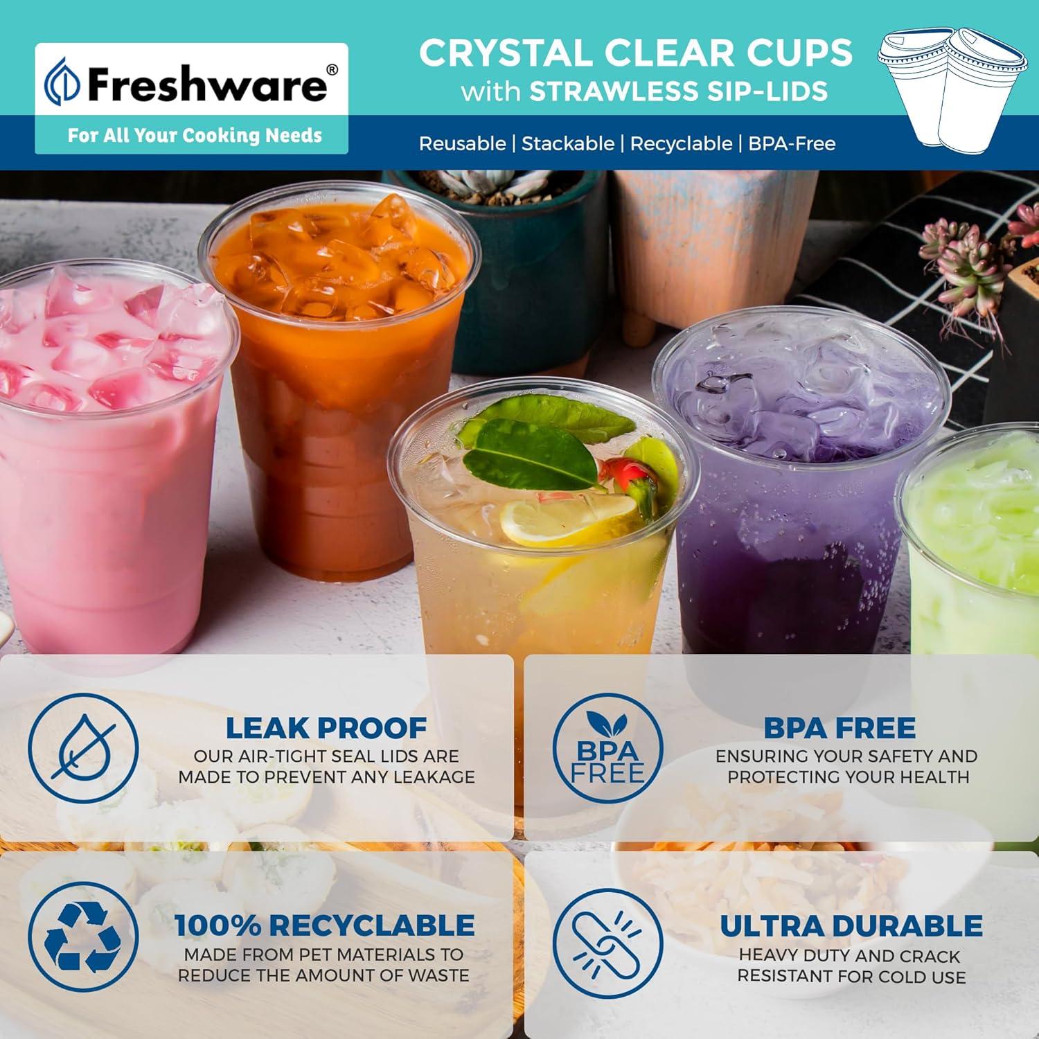 imageFreshware 24 oz Clear Disposable Plastic Cups with Strawless Sip Lids 100 Pack Clear Plastic Tumblers Heavyduty Party Glasses Disposable Cups for Thanksgiving Halloween Christmas PartyClear