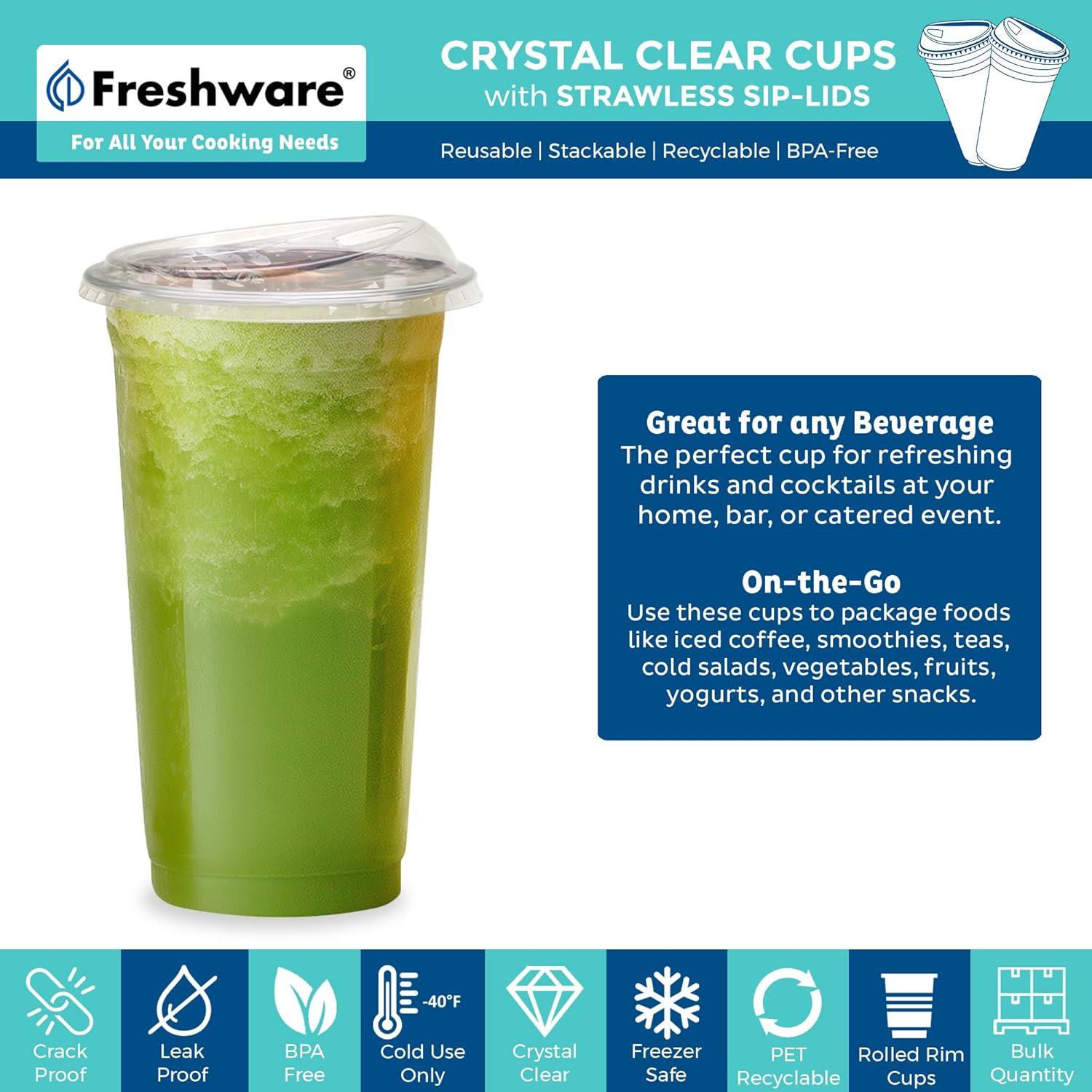 imageFreshware 24 oz Clear Disposable Plastic Cups with Strawless Sip Lids 100 Pack Clear Plastic Tumblers Heavyduty Party Glasses Disposable Cups for Thanksgiving Halloween Christmas PartyClear