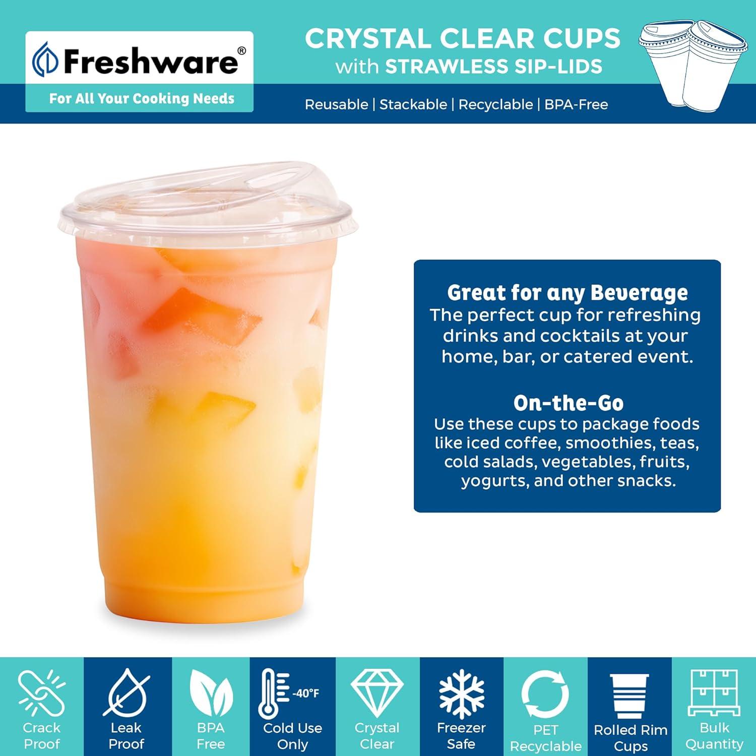 imageFreshware 24 oz Clear Disposable Plastic Cups with Strawless Sip Lids 100 Pack Clear Plastic Tumblers Heavyduty Party Glasses Disposable Cups for Thanksgiving Halloween Christmas PartyClear
