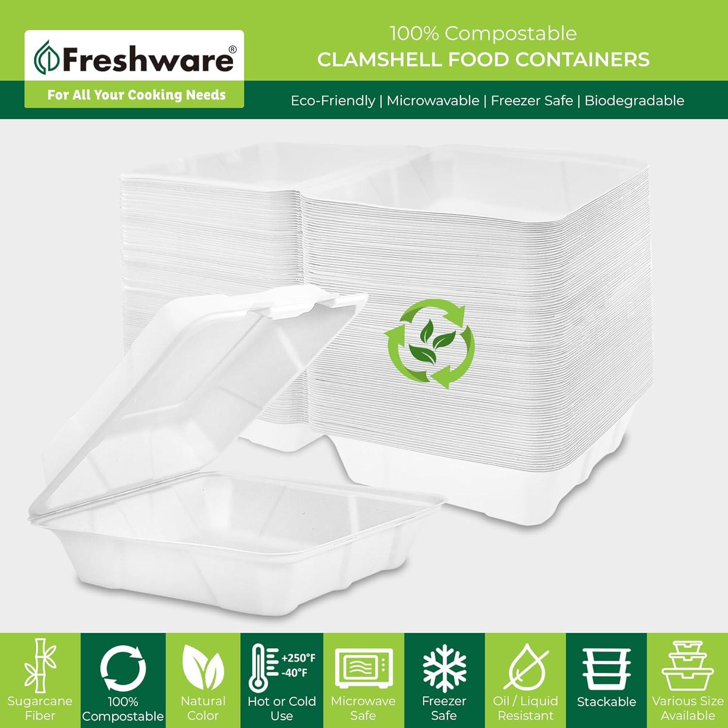 imageFreshware Compostable 9x9quot Clamshell Take Out Food Containers 50Pack Biodegradable Sugarcane To Go Boxes Paper Food Container Microwave ampamp Freezer Safe Stackable9 x 9 Inch