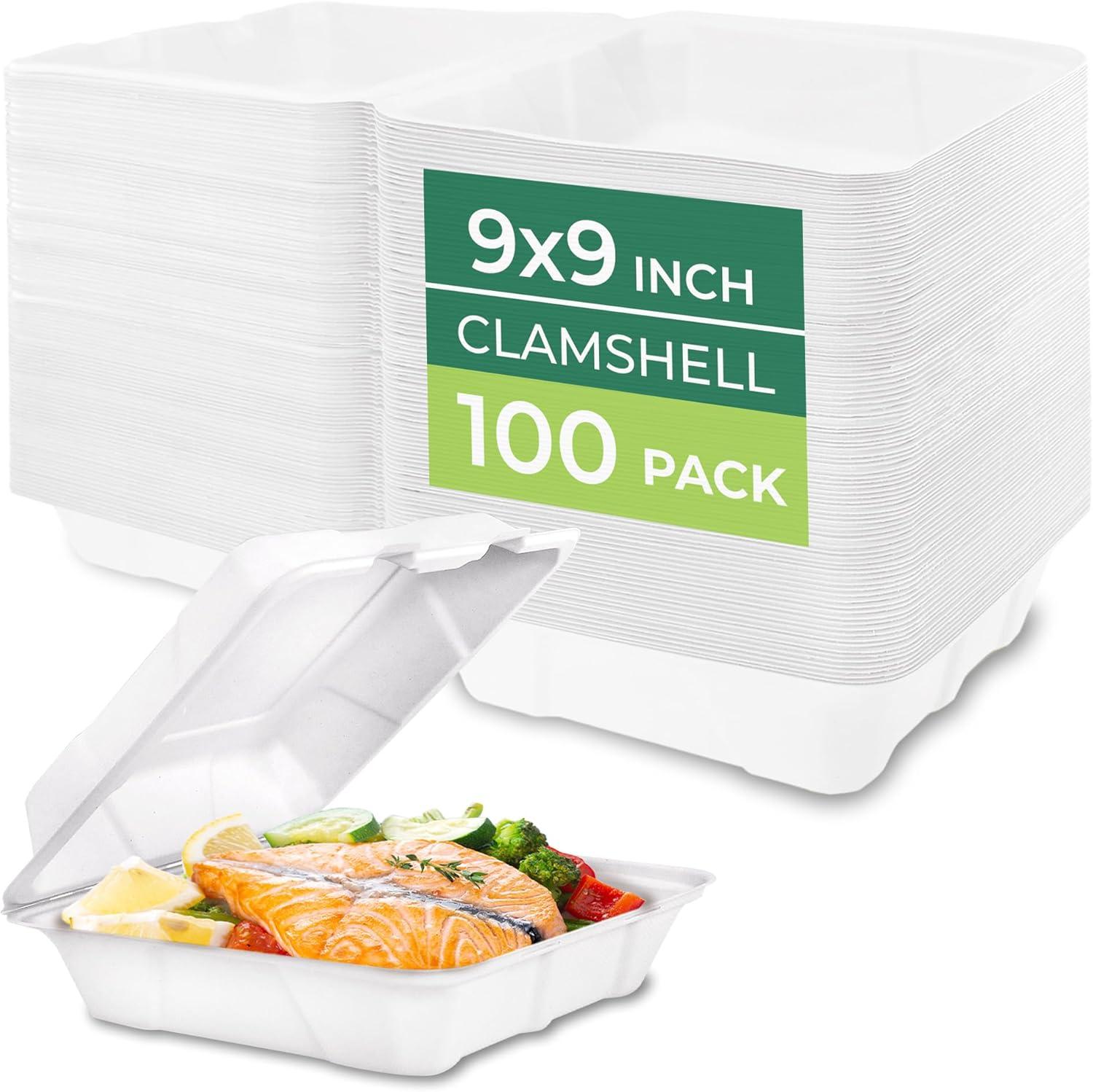 imageFreshware Compostable 9x9quot Clamshell Take Out Food Containers 50Pack Biodegradable Sugarcane To Go Boxes Paper Food Container Microwave ampamp Freezer Safe Stackable9 x 9 Inch