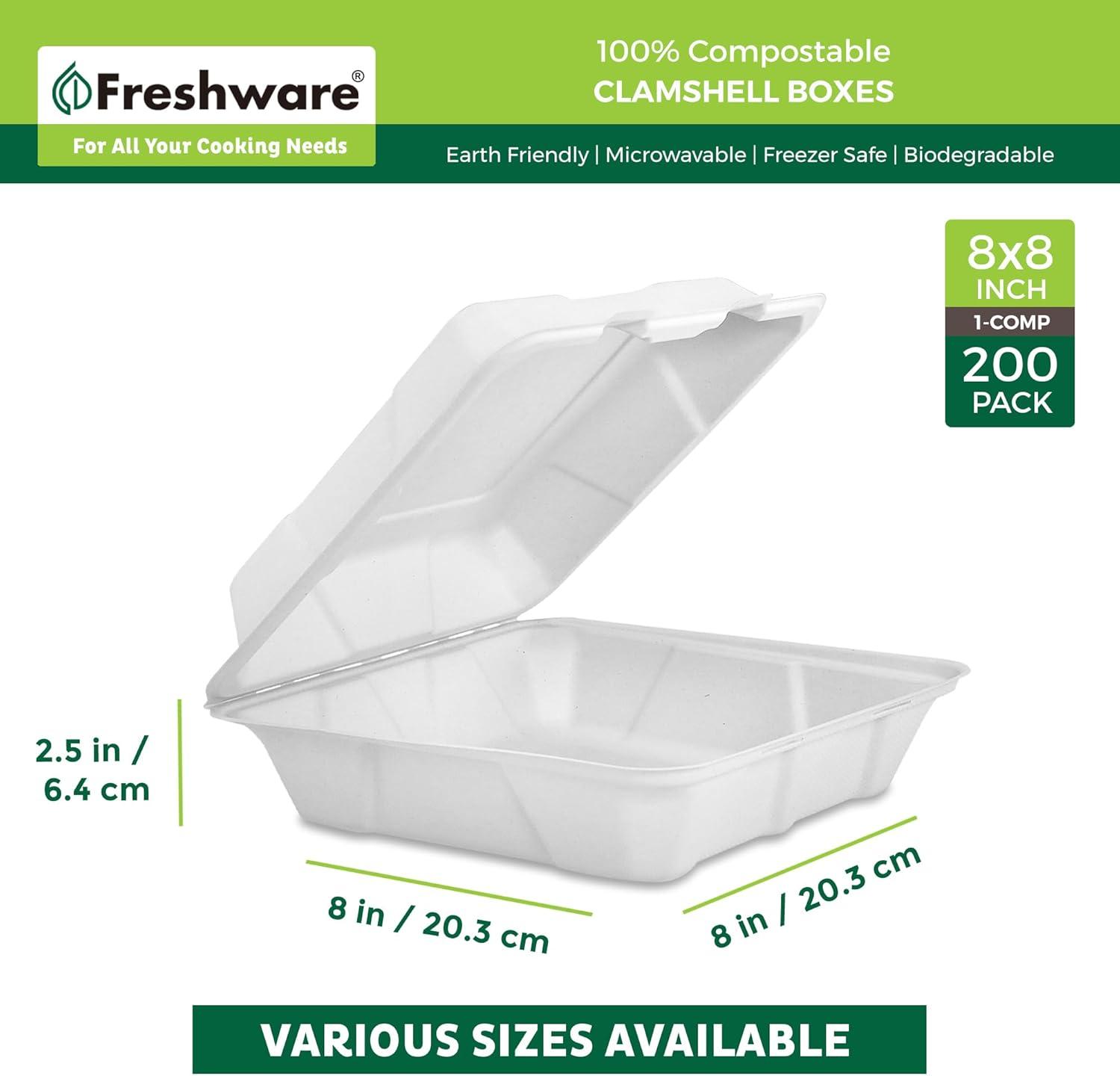 imageFreshware Compostable Clamshell Food Containers 8x8quot 200Pack Disposable To Go Containers Biodegradable Sugarcane To Go Boxes Heavy Duty Paper Containers Microwave ampamp Freezer Safe Stackable