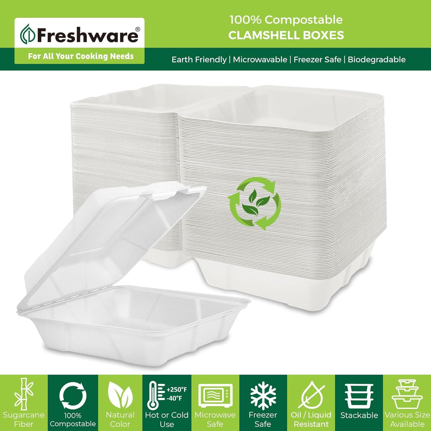 imageFreshware Compostable Clamshell Food Containers 8x8quot 200Pack Disposable To Go Containers Biodegradable Sugarcane To Go Boxes Heavy Duty Paper Containers Microwave ampamp Freezer Safe Stackable