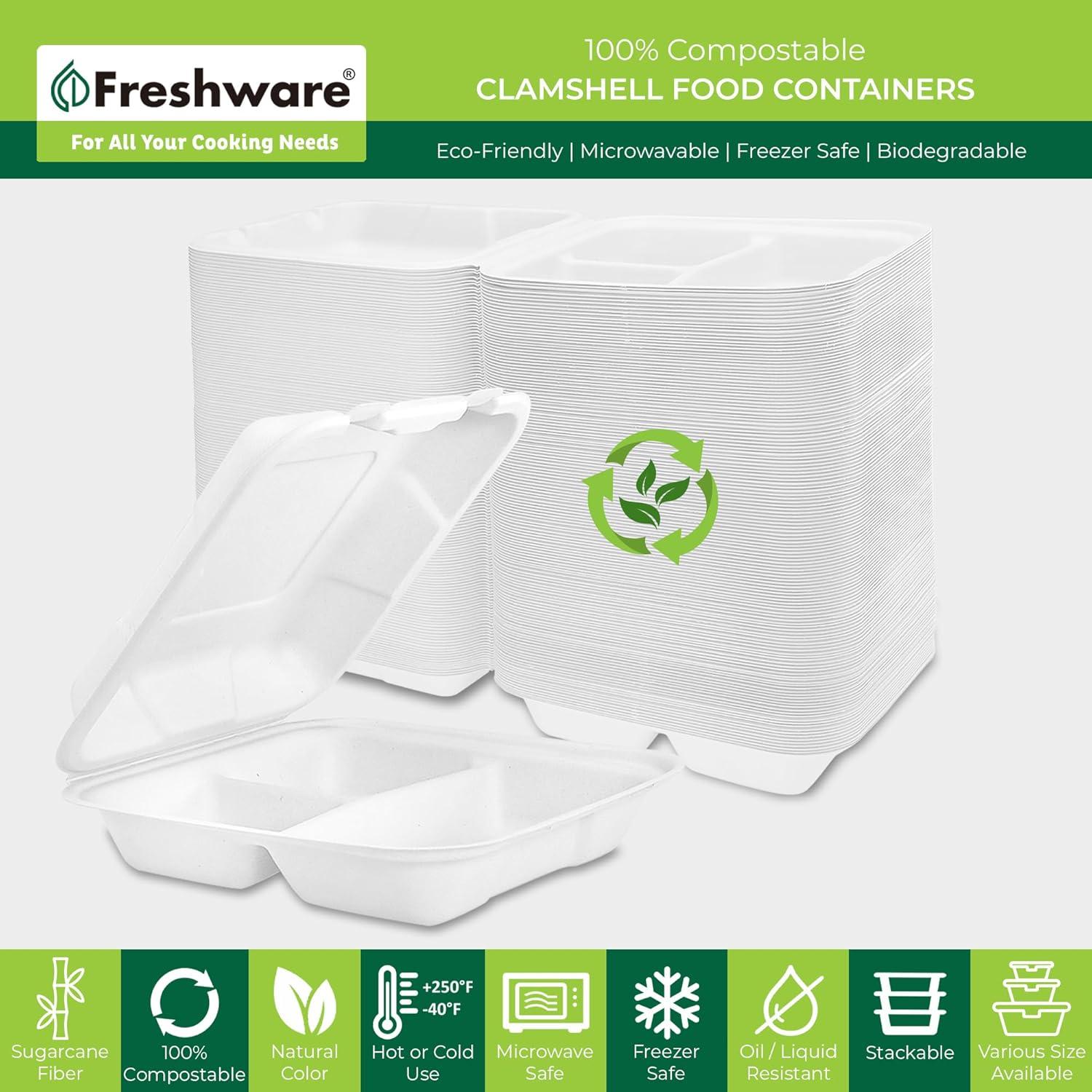 imageFreshware Compostable Clamshell Food Containers 8x8quot 3Compartment 50Pack Disposable Containers Biodegradable Sugarcane To Go Boxes Paper Food Containers Microwave ampamp Freezer Safe Stackable9 x 9 Inch 200 Pack