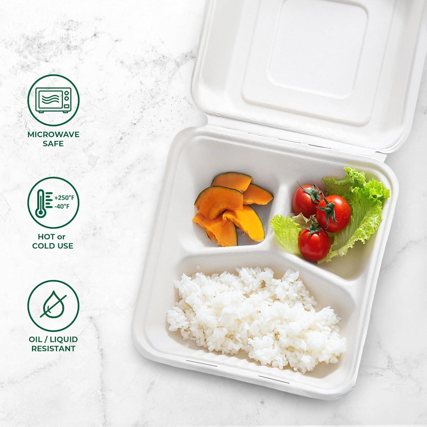 imageFreshware Compostable Clamshell Food Containers 8x8quot 3Compartment 50Pack Disposable Containers Biodegradable Sugarcane To Go Boxes Paper Food Containers Microwave ampamp Freezer Safe Stackable9 x 9 Inch 100 Pack