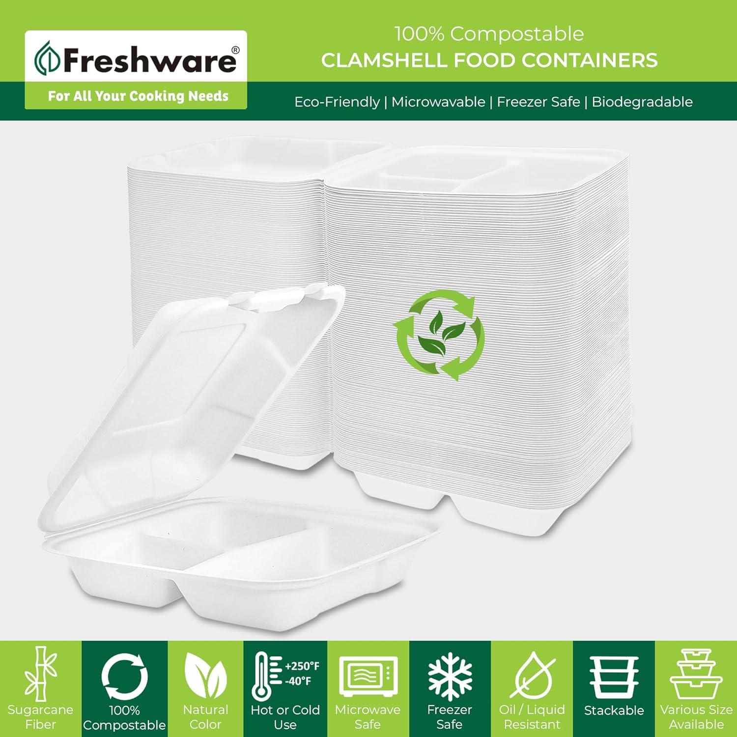 imageFreshware Compostable Clamshell Food Containers 8x8quot 3Compartment 50Pack Disposable Containers Biodegradable Sugarcane To Go Boxes Paper Food Containers Microwave ampamp Freezer Safe Stackable8 x 8 Inch 200 Pack