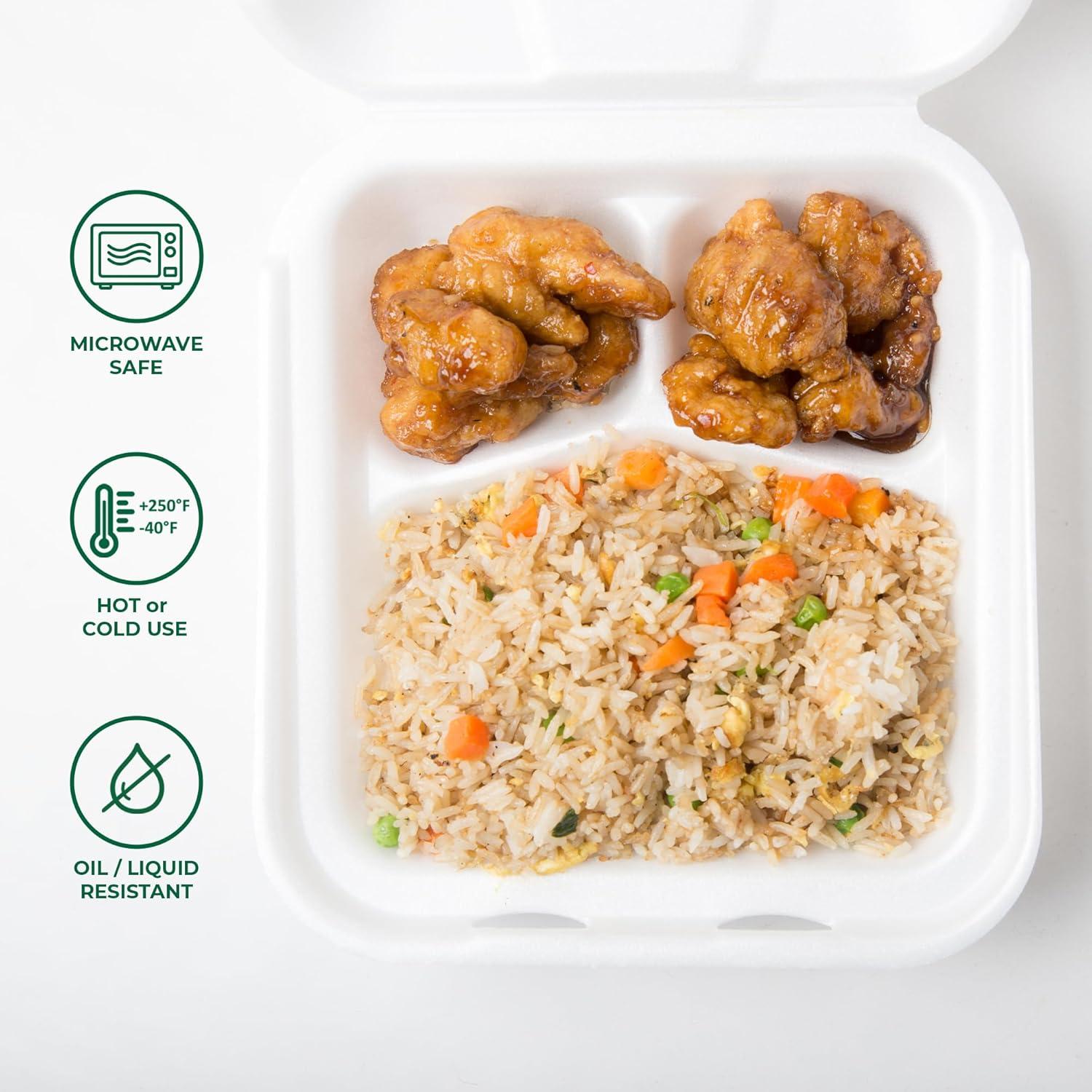 imageFreshware Compostable Clamshell Food Containers 8x8quot 3Compartment 50Pack Disposable Containers Biodegradable Sugarcane To Go Boxes Paper Food Containers Microwave ampamp Freezer Safe Stackable8 x 8 Inch 200 Pack