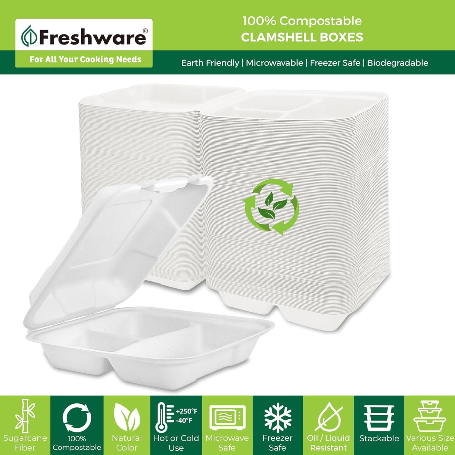 imageFreshware Compostable Clamshell Food Containers 8x8quot 3Compartment 50Pack Disposable Containers Biodegradable Sugarcane To Go Boxes Paper Food Containers Microwave ampamp Freezer Safe Stackable8 x 8 Inch 50Pack