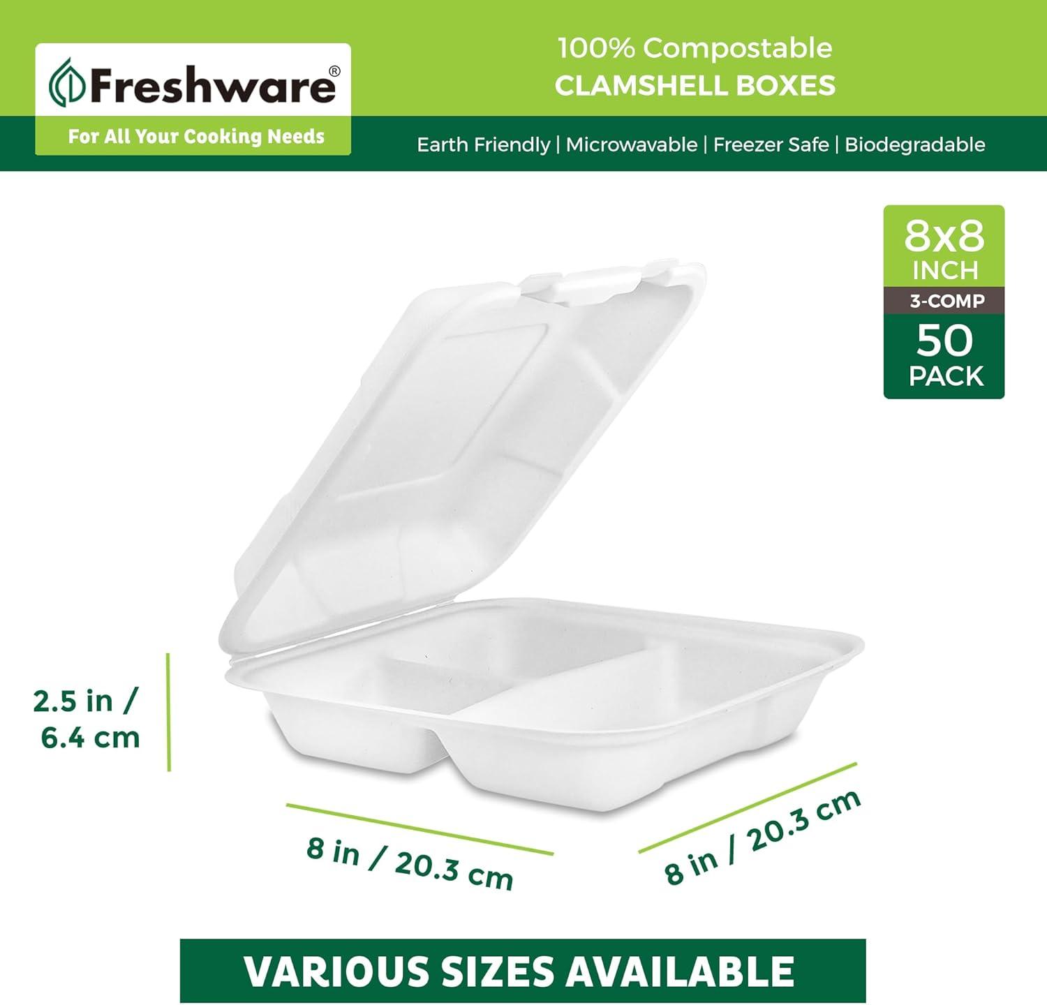 imageFreshware Compostable Clamshell Food Containers 8x8quot 3Compartment 50Pack Disposable Containers Biodegradable Sugarcane To Go Boxes Paper Food Containers Microwave ampamp Freezer Safe Stackable8 x 8 Inch 50Pack