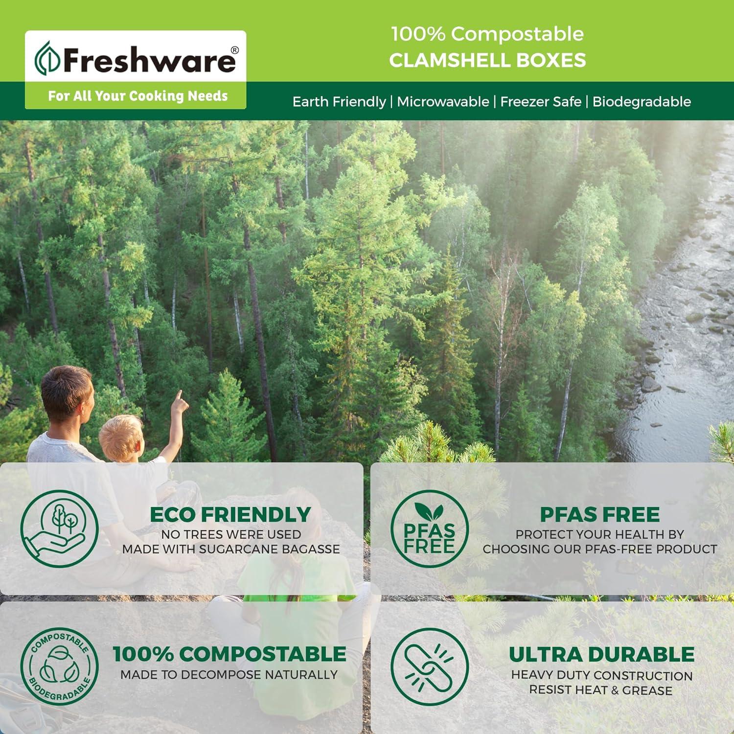 imageFreshware Compostable Clamshell Food Containers 9x6quot 250Pack Disposable To Go Containers Biodegradable Sugarcane To Go Boxes Heavy Duty Paper Containers Microwave ampamp Freezer Safe Stackable