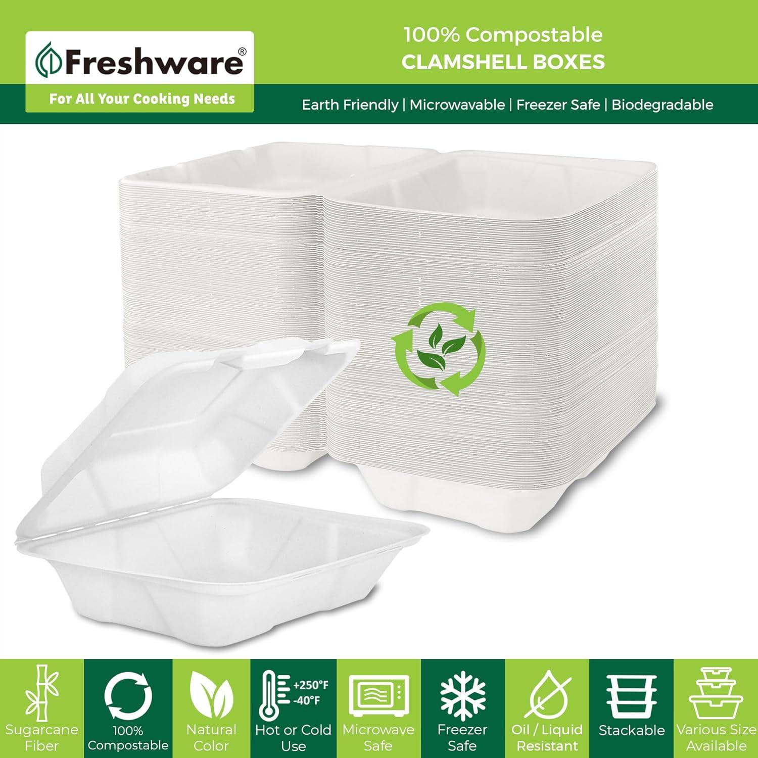 imageFreshware Compostable Clamshell Food Containers 9x6quot 250Pack Disposable To Go Containers Biodegradable Sugarcane To Go Boxes Heavy Duty Paper Containers Microwave ampamp Freezer Safe Stackable