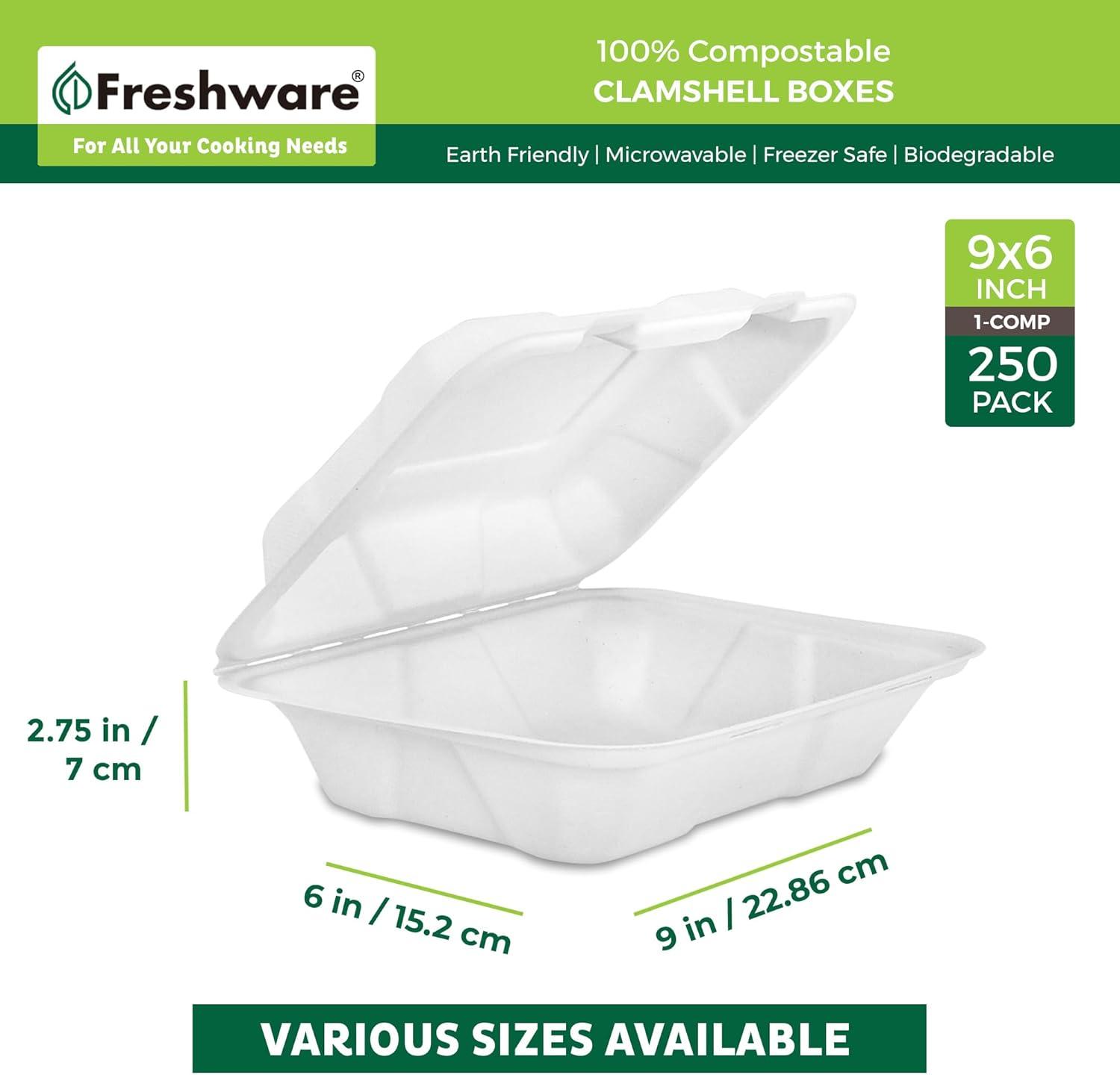 imageFreshware Compostable Clamshell Food Containers 9x6quot 250Pack Disposable To Go Containers Biodegradable Sugarcane To Go Boxes Heavy Duty Paper Containers Microwave ampamp Freezer Safe Stackable