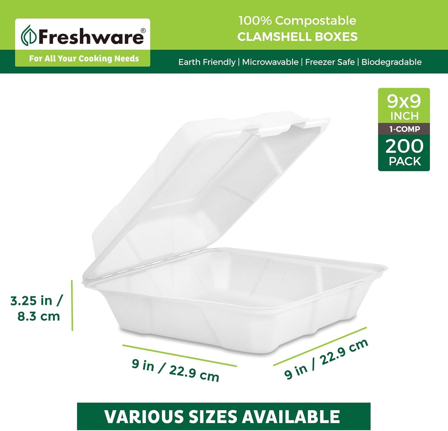 imageFreshware Compostable Clamshell Take Out Food Containers 9x9quot 200Pack Disposable Biodegradable Sugarcane To Go Boxes Microwave ampamp Freezer Safe Stackable Paper Food Containers