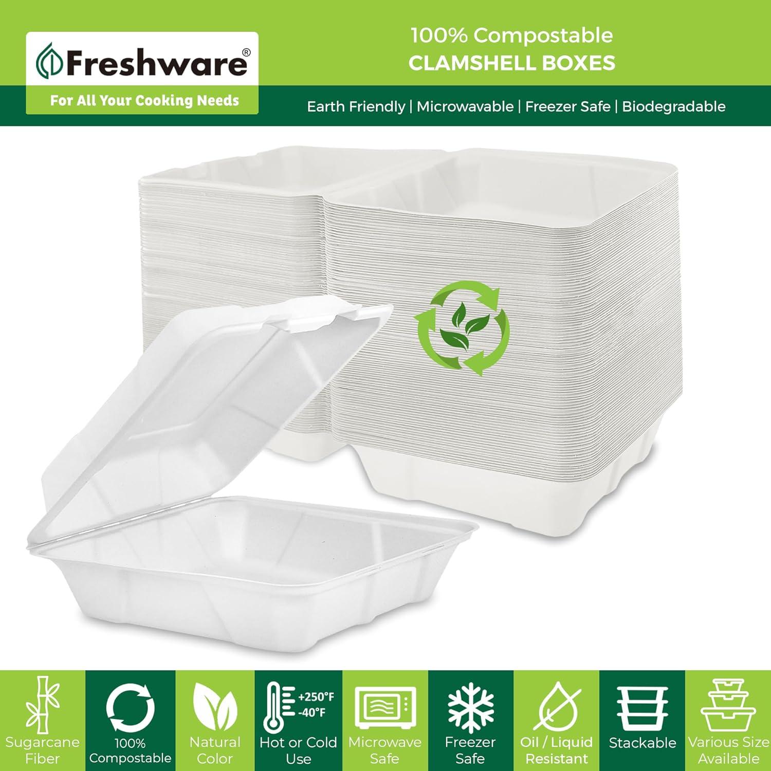 imageFreshware Compostable Clamshell Take Out Food Containers 9x9quot 200Pack Disposable Biodegradable Sugarcane To Go Boxes Microwave ampamp Freezer Safe Stackable Paper Food Containers