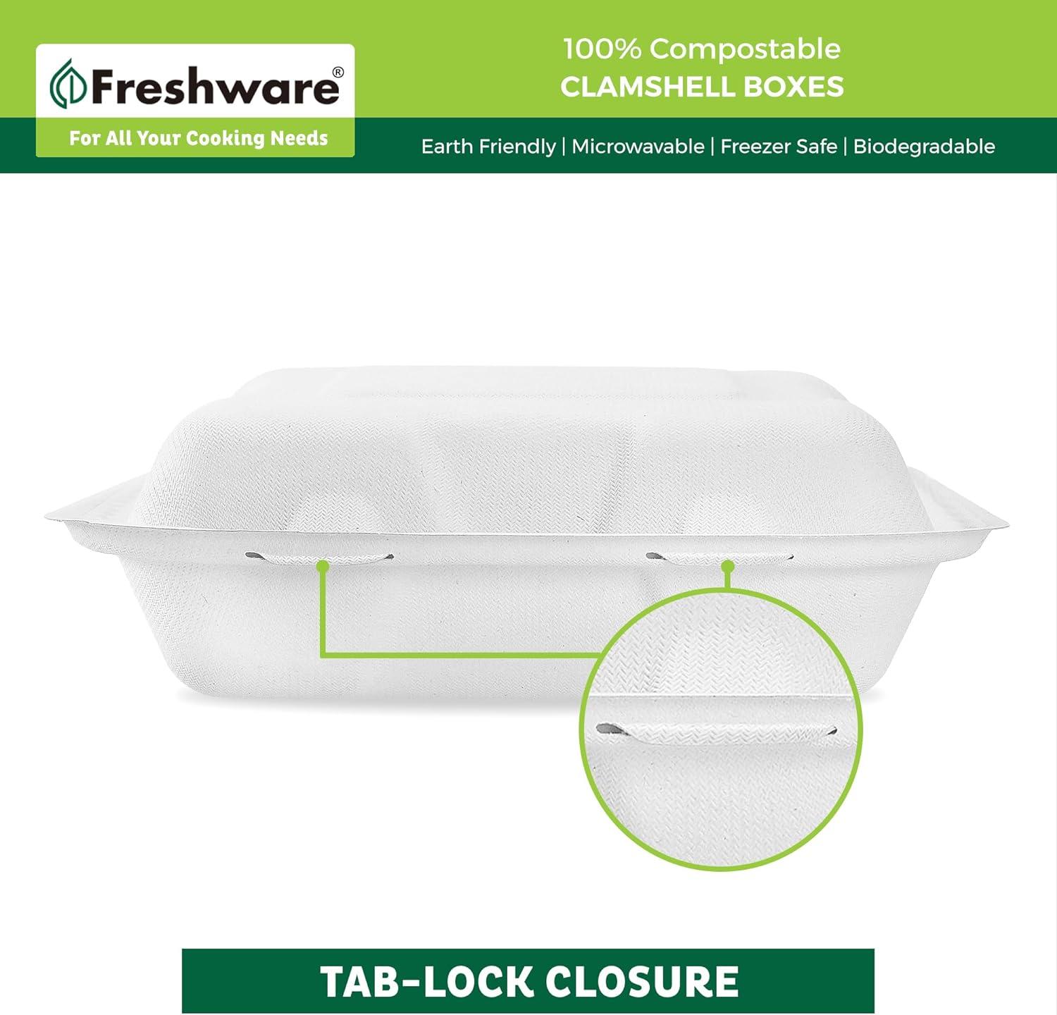 imageFreshware Compostable Clamshell Take Out Food Containers 9x9quot 200Pack Disposable Biodegradable Sugarcane To Go Boxes Microwave ampamp Freezer Safe Stackable Paper Food Containers