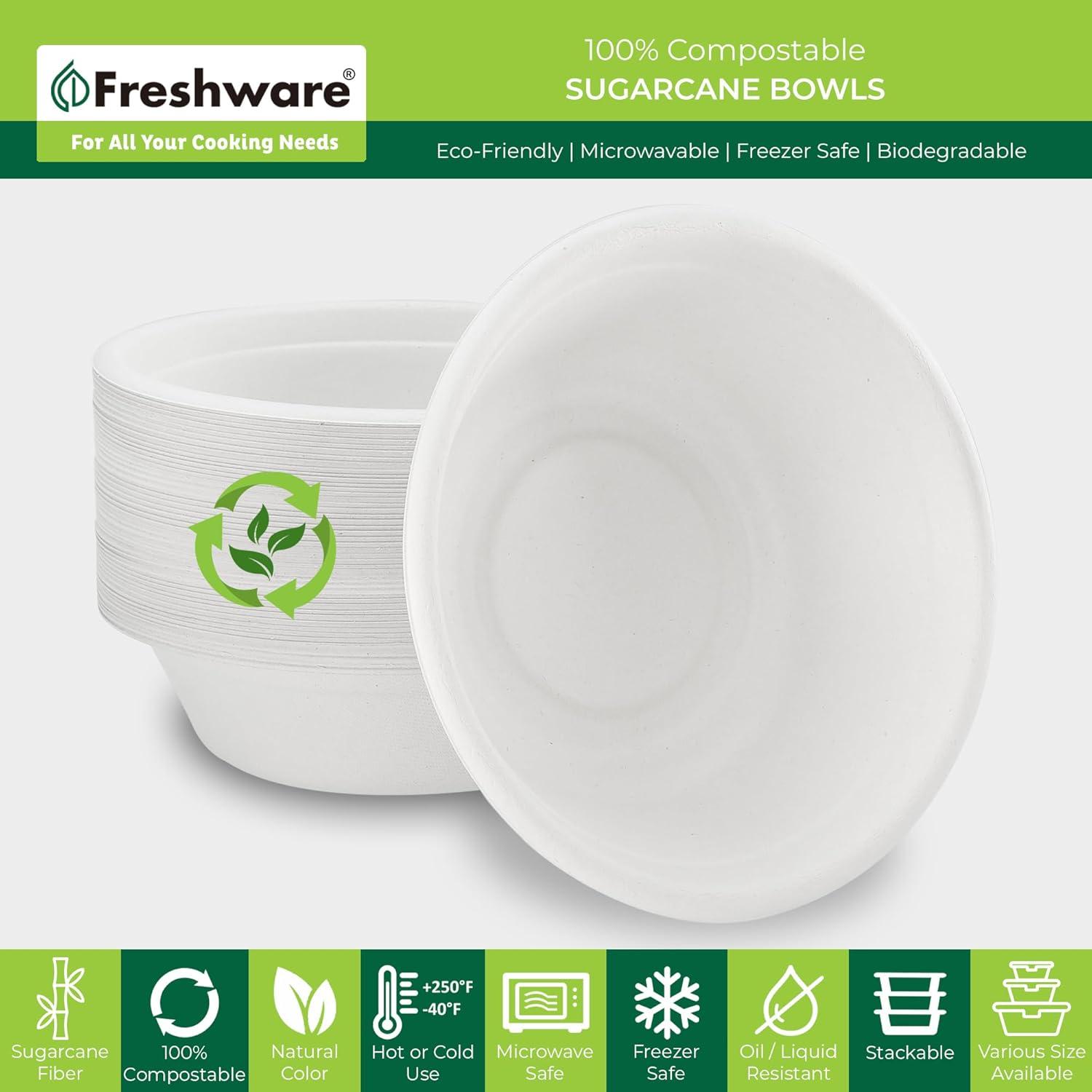 imageFreshware Paper Bowls Disposable 12 oz Soup Bowl 150Pack Biodegradable Sugarcane Fiber Serving Bowls Heavy Duty Bagasse for Hot Food Plates Microwave ampamp Freezer Safe Stackable DinnerwareWhite