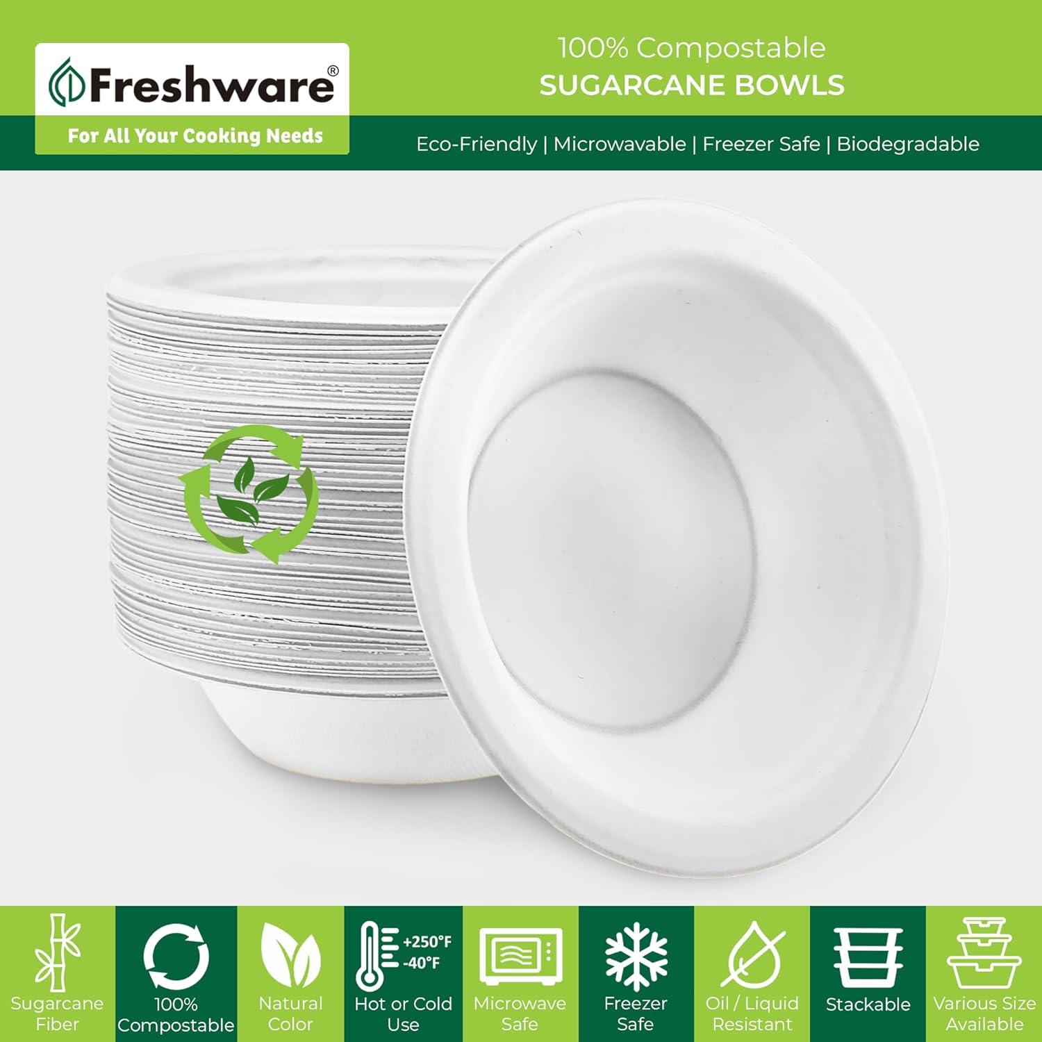 imageFreshware Paper Bowls Disposable 12 oz Soup Bowl 150Pack Biodegradable Sugarcane Fiber Serving Bowls Heavy Duty Bagasse for Hot Food Plates Microwave ampamp Freezer Safe Stackable DinnerwareWhite