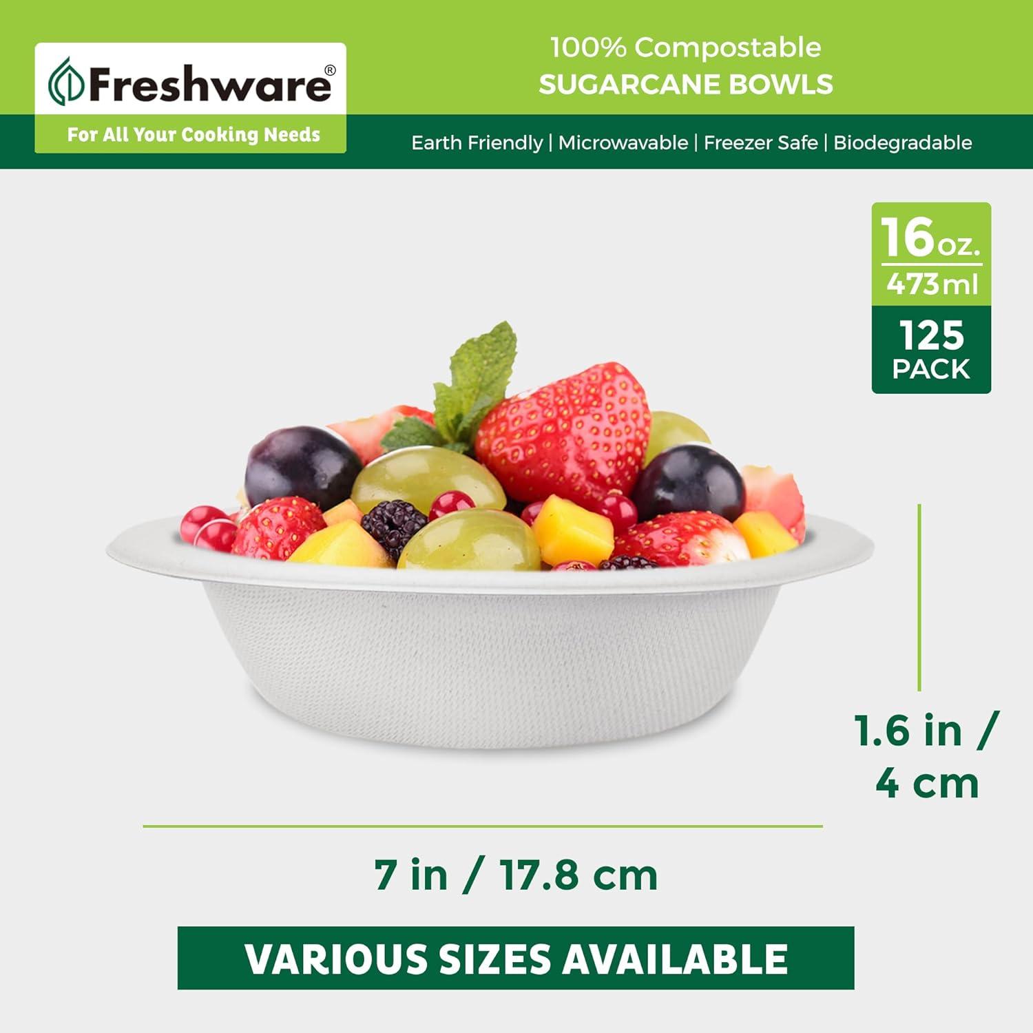 imageFreshware Paper Bowls Disposable 12 oz Soup Bowl 150Pack Biodegradable Sugarcane Fiber Serving Bowls Heavy Duty Bagasse for Hot Food Plates Microwave ampamp Freezer Safe Stackable DinnerwareWhite